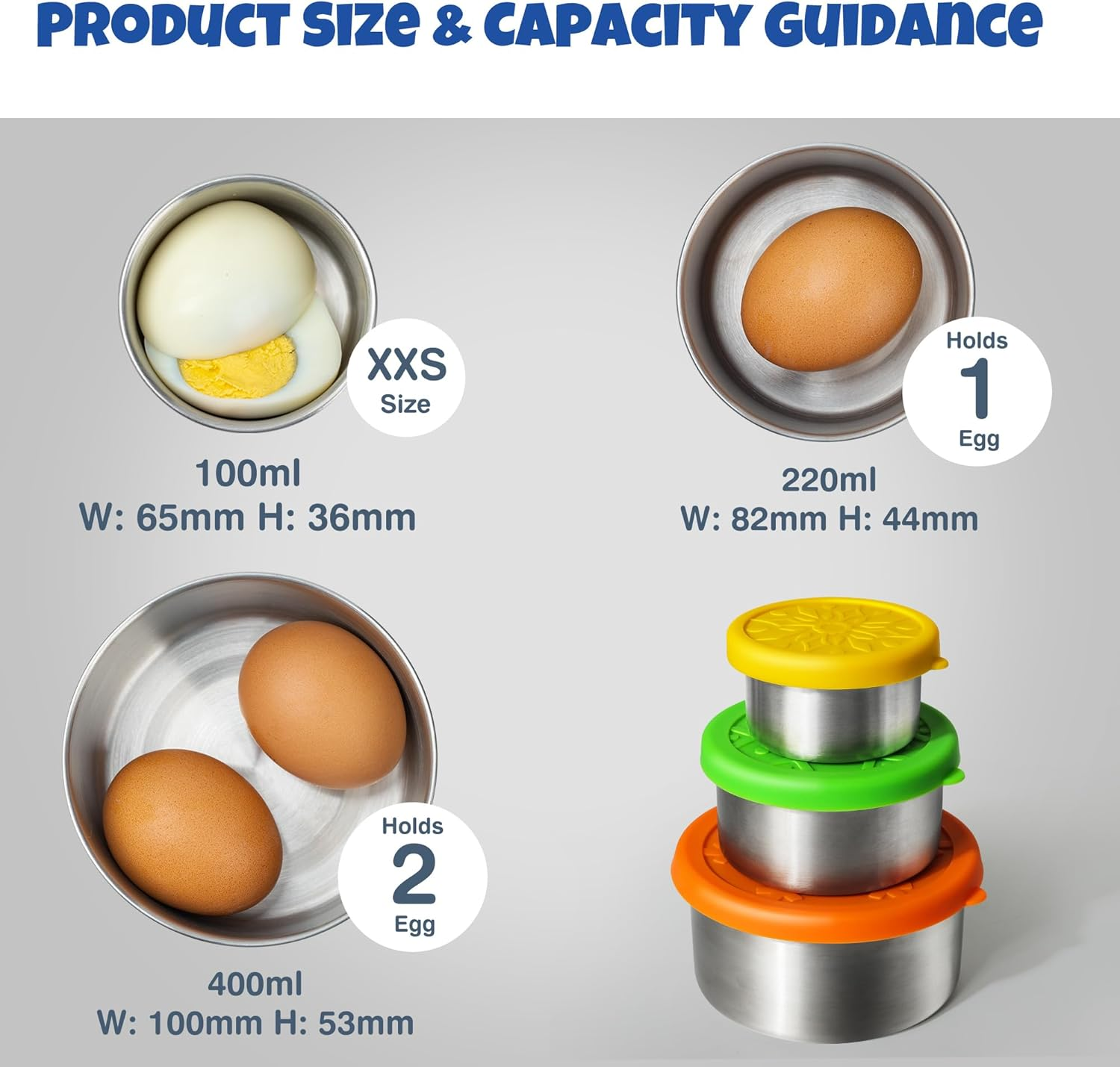 Homotte Stainless Steel Containers with Lids Small for Lunch Food/Snacks, Leak-Proof and round Stainless Steel Food Storage Containers for Back to School Kids, 3 Pack Stackable (400Ml, 220Ml, 100Ml) image number 2