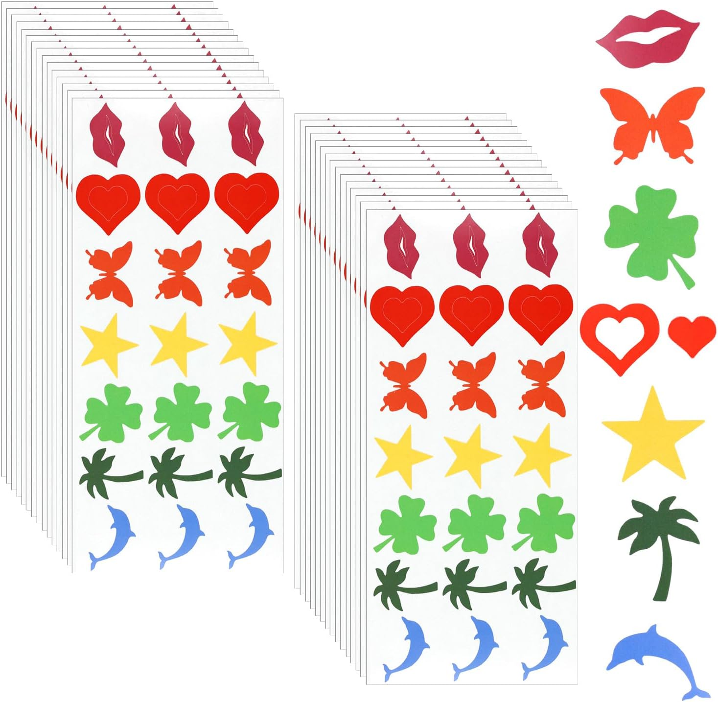 630 Pieces Solar Stickers, Cute Sunbath Sticker Self Adhesive Heart Star Lips Butterfly Coconut Dolphin Sunbed Sticker Removable Sunscreen Stickers for Summer Beach (7 Styles) image number 1