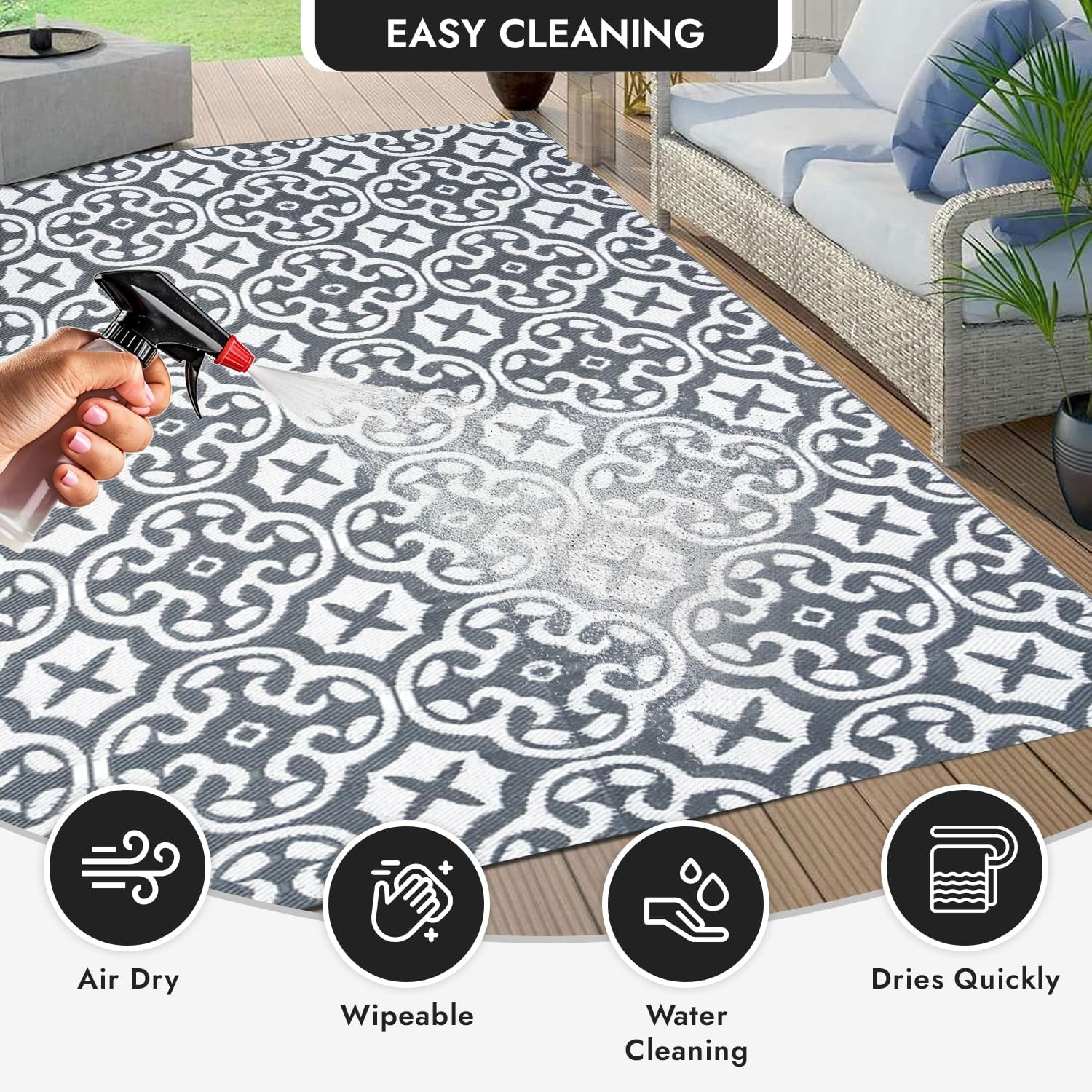 XCELERATOR Large Outdoor Rug for Patio, Reversible Portable Camping Rug, Weather Proof Plastic Straw Rug for RV Deck Camper Balcony, Lisboa Grey and White, 200X270Cm image number 1