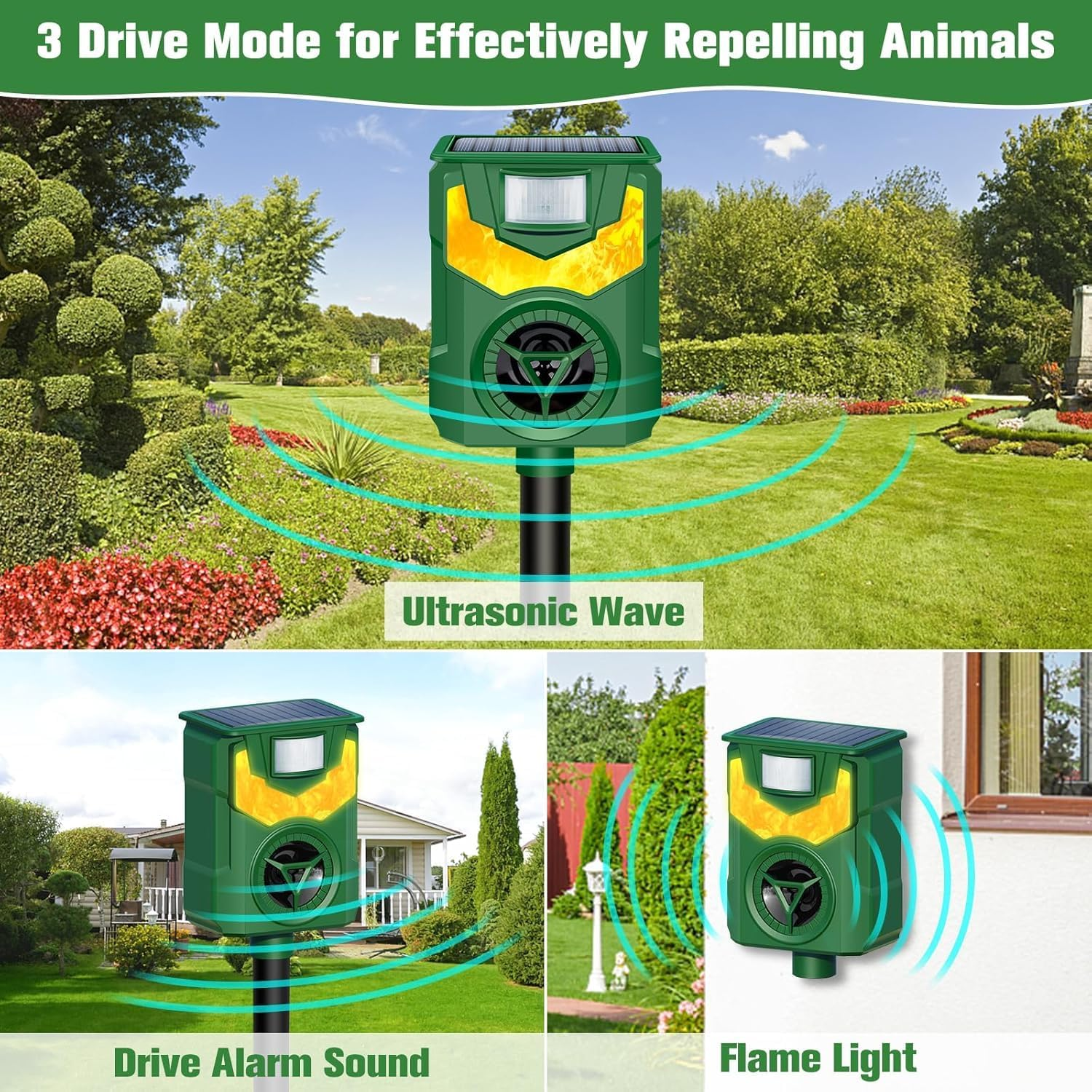 UOEPOWA Ultrasonic Cat Deterrents, 5 Sensitivity Modes Solar Cat Repellent Outdoor with Motion Detection, Bird, Fox, Raccoon, Mouse, Deer. for Chicken Coop, Farm,And Yard (1PC Green) image number 1