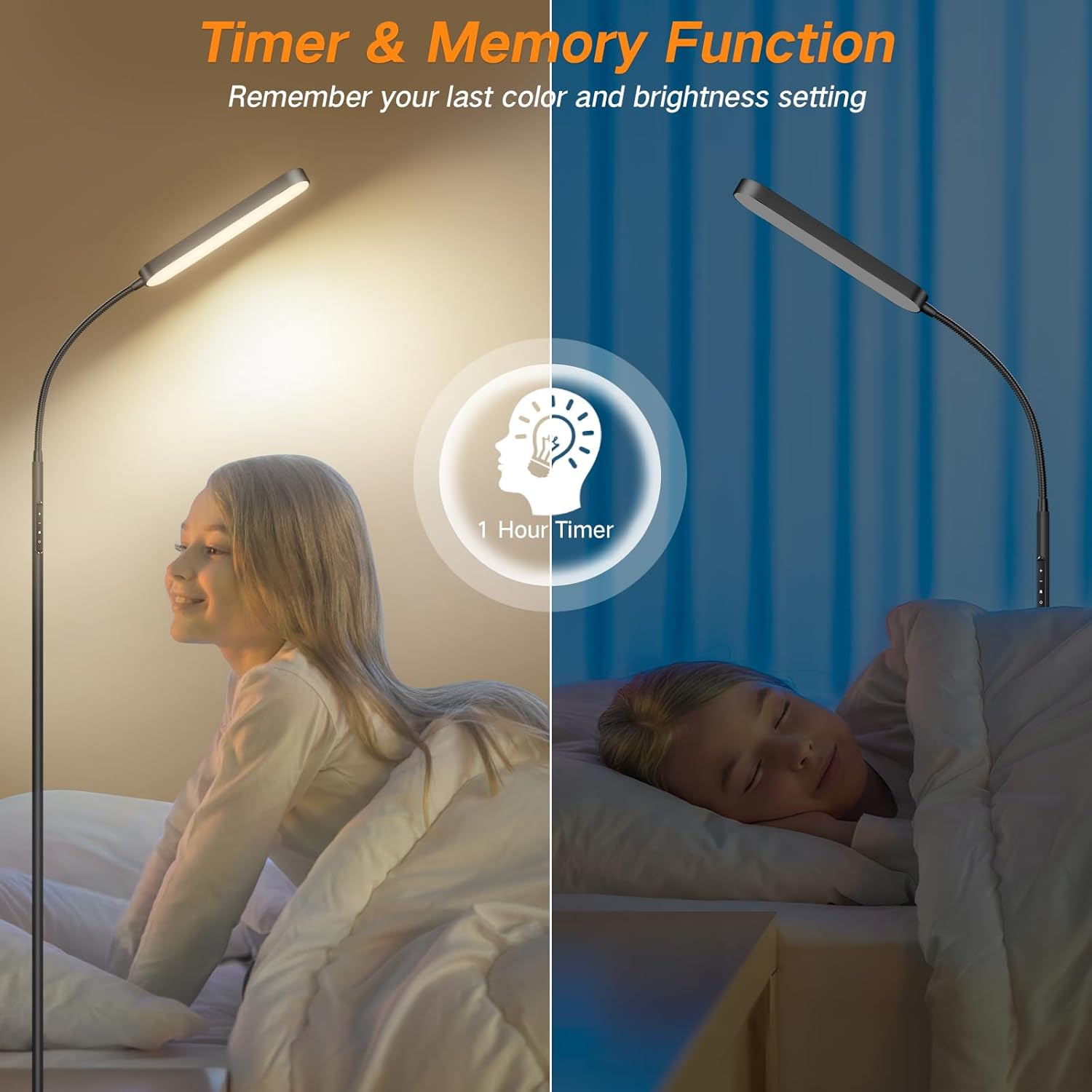 OUTON LED Floor Lamp, 15W 1500LM Dimmable Reading Lighting with 360&deg;Rotatable Neck, 4 Colour Temperatures, Remote & Touch Control, 1H Timer Tall Standing Lamp for Living Room Bedroom Office, Black image number 2