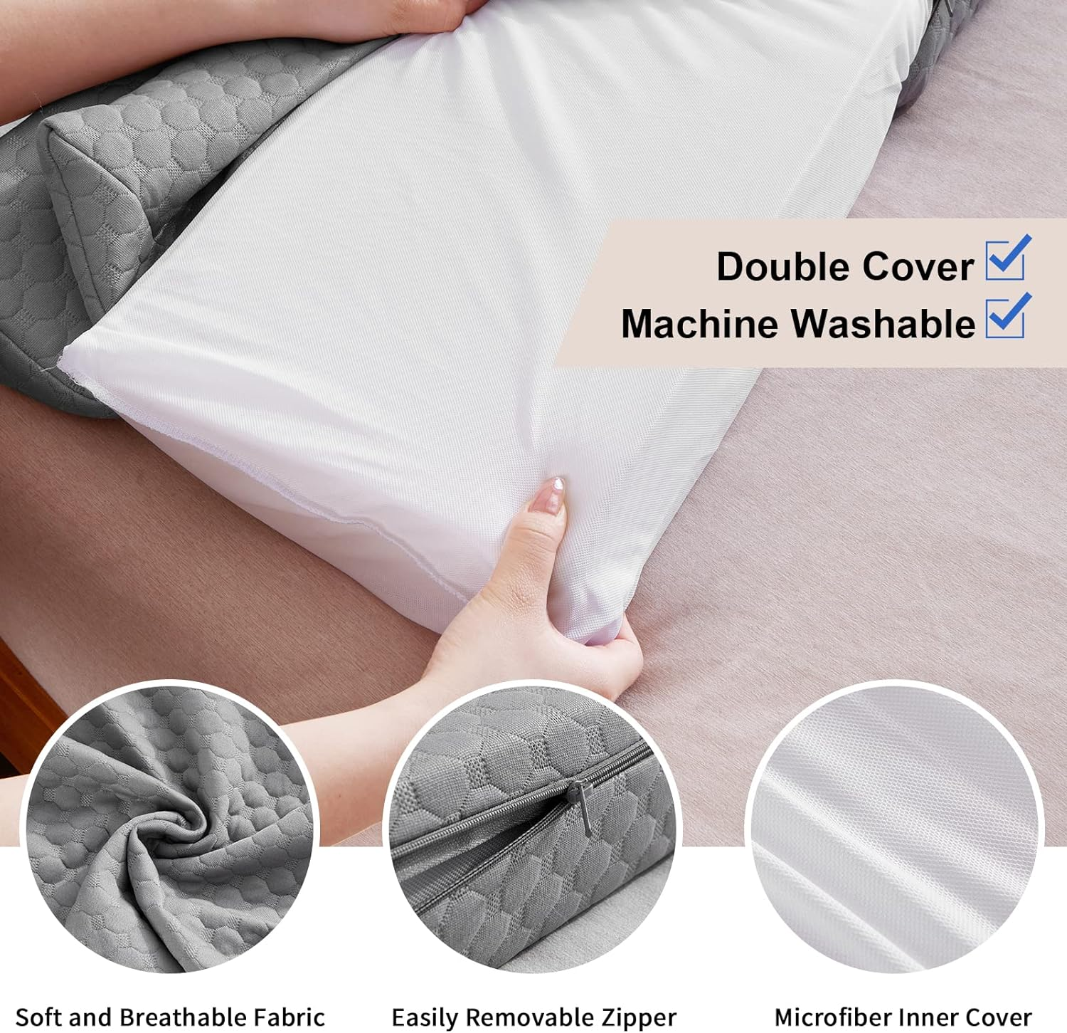 EUHAMS King Size Bed Wedge Pillow - Bed Gap Filler Mattress Wedge Headboard Pillow Close the Gap 0-7" between Your Headboard and Mattress or Wall for Sleeping Backrest Pillow (76"X10"X6" Gray) image number 2