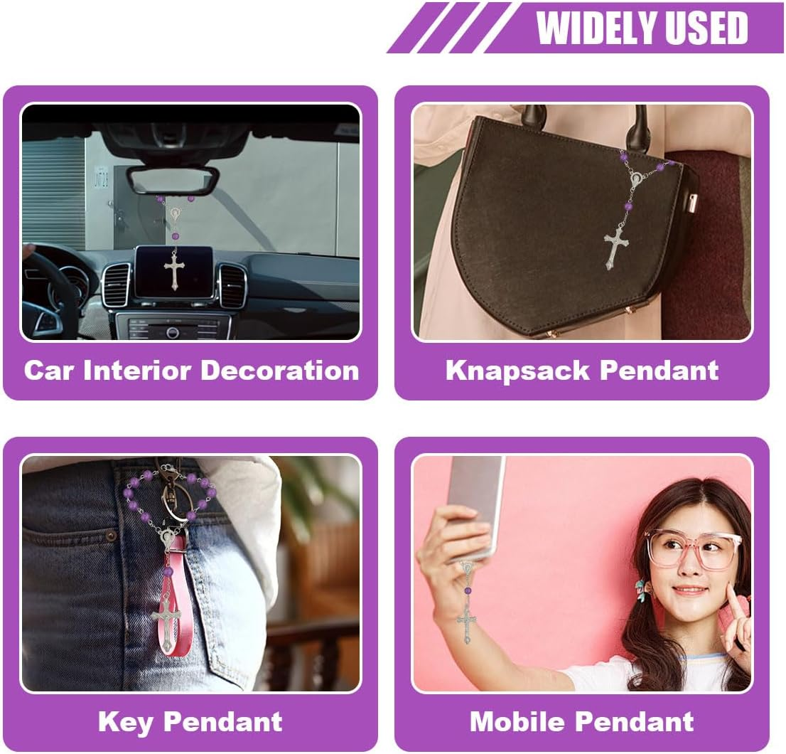 2PCS Rosary for Rearview Mirror, Purple Pendant Interior Charm Auto Decors, Medal and Cross Personalized Hanging Accessories for Women Men (Purple) - Ceramic image number 4