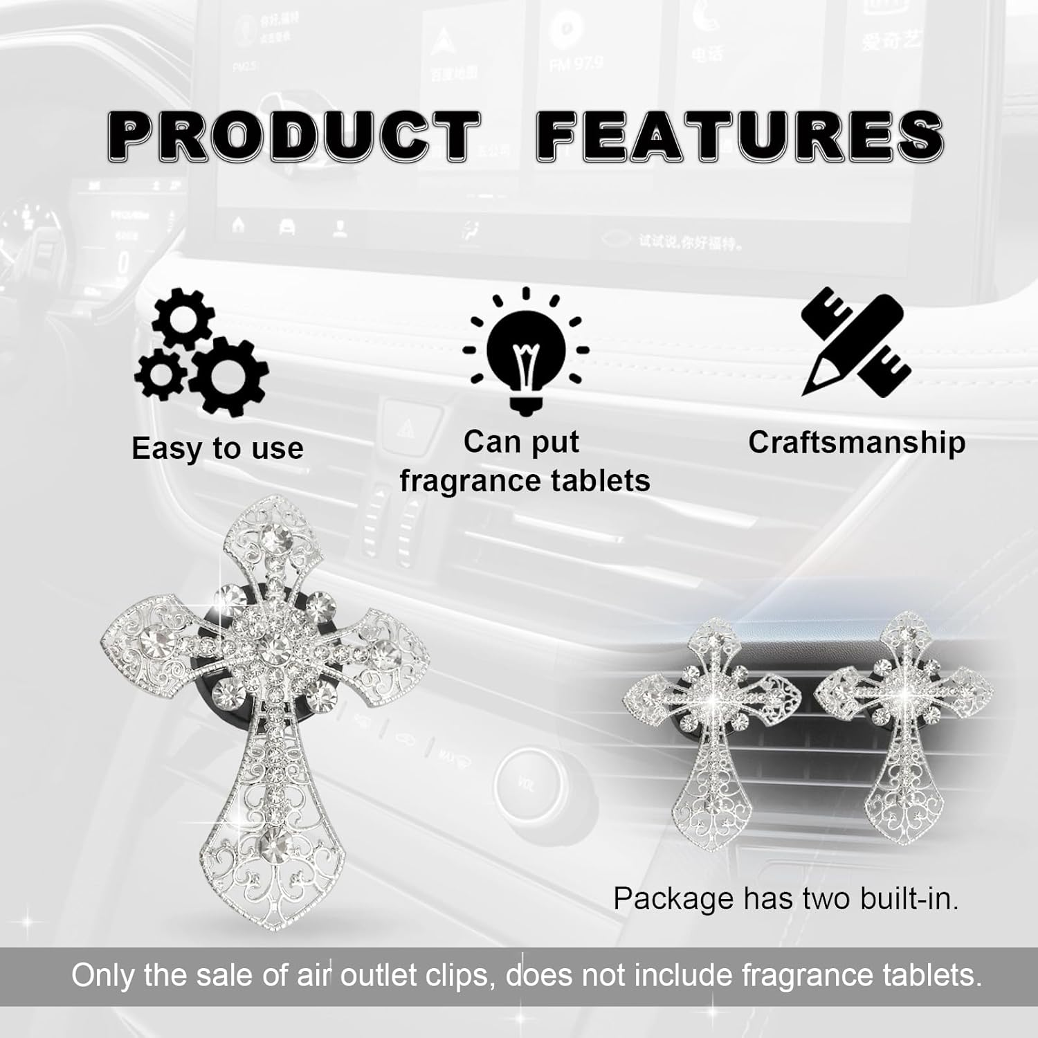 2Pcs Car Air Vent Clip, Bling Rhinestone Diamond Cross Crystal Car Air Vent Clips, Car Air Conditioning Outlet Clip Decorative, Universal Car Interior Decoration Accessories(Silver) - Colorful image number 5