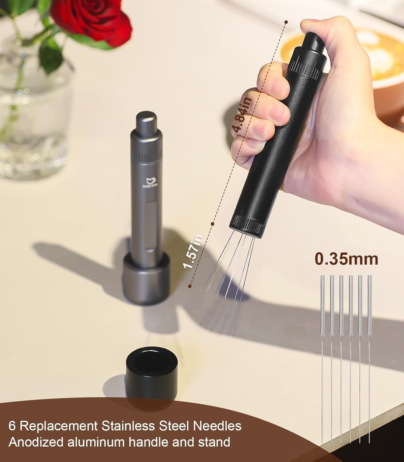 MEION Retractable WDT Espresso Distribution Tool Espresso Stirrer Tools, 0.35Mm 6 Needles Coffee Distributor with Extra 6 Replaceable Needles, Espresso Machine Accessories for Barista (Black, V2) image number 6