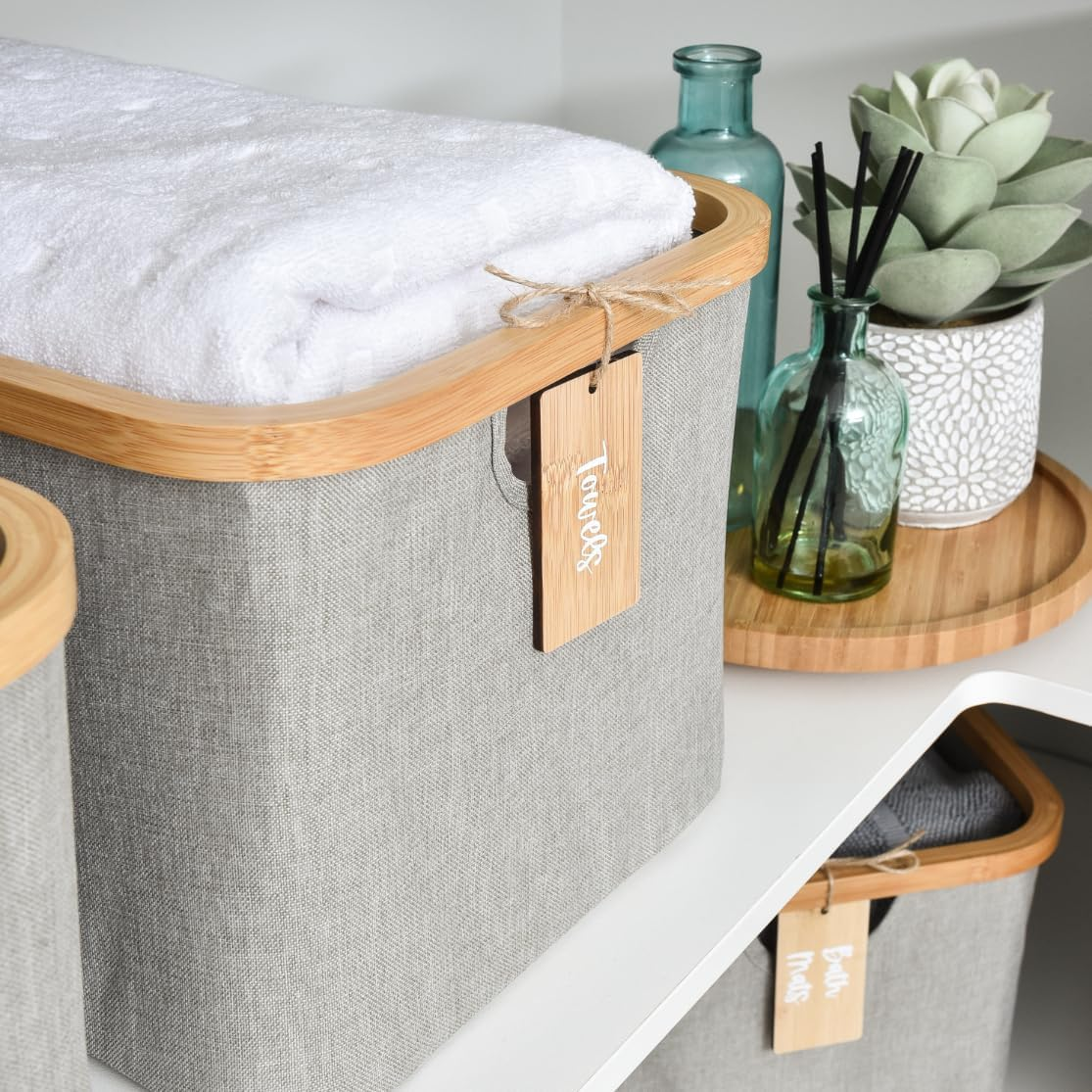 Linen Storage Baskets with Bamboo Rim 8 Pack Light Grey, 4 Large and 4 Medium, Foldable Oxford Cloth Fabric Bins with Label Tags, Wardrobe and Cupboard Organisation for Bedroom Laundry Shelves image number 5