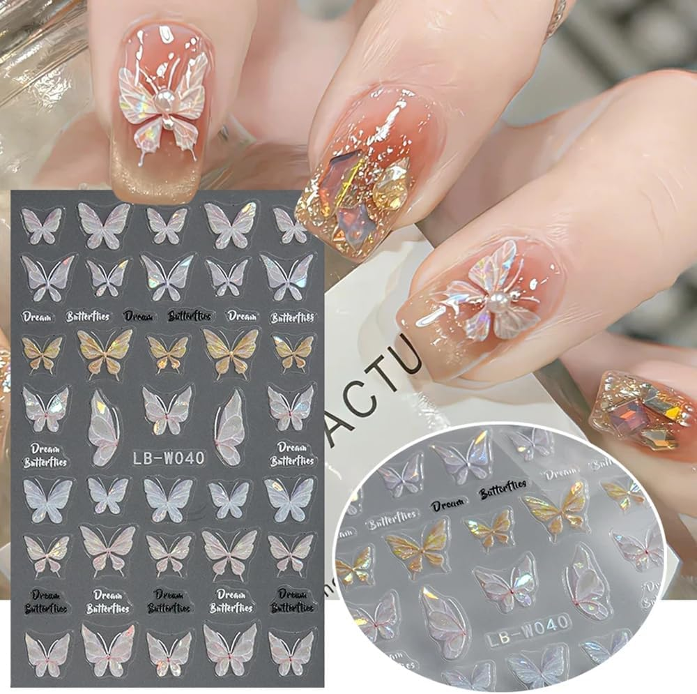 2Sheets Nail Art Stickers, 3D Self-Adhesive Holographic Butterfly Nail Design image number 4