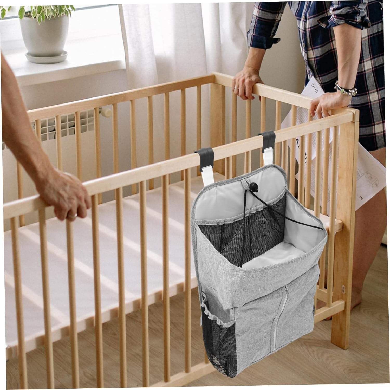 SECFOU 1Pc Crib Organizer Diaper Storage Bag Hanging Pouch for Stroller and Bed Material Convenient Essentials Holder Grey image number 4