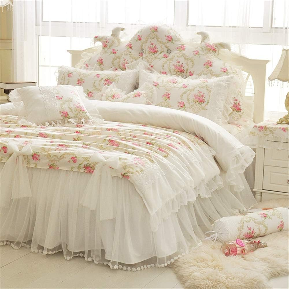 LELVA Girls Bedding Set Lace Ruffle Duvet Cover Sets with Bed Skirt Princess Bedding Set Vintage Floral Print Duvet Cover Twin Size 4 Piece (King, White) image number 5