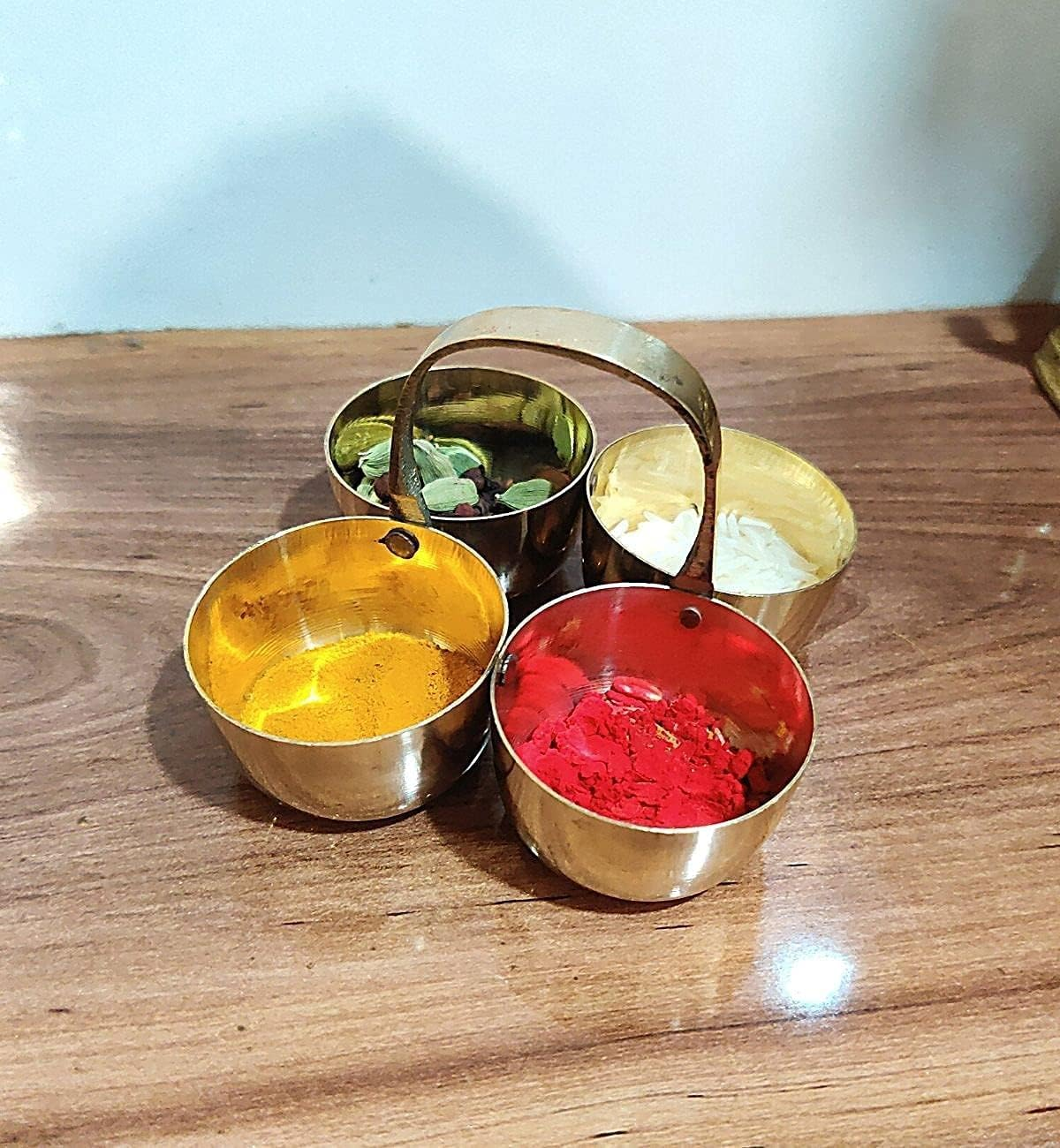 Brass Metal Chowmukh/Puja, Roli, Chawal, Mishri/Chowmukh/Patra/Haldi Kumkum Holder 4 Bowl Stand Holder (Size -3) Set of - 1 PCS (3.5 Inch 225ML) image number 5