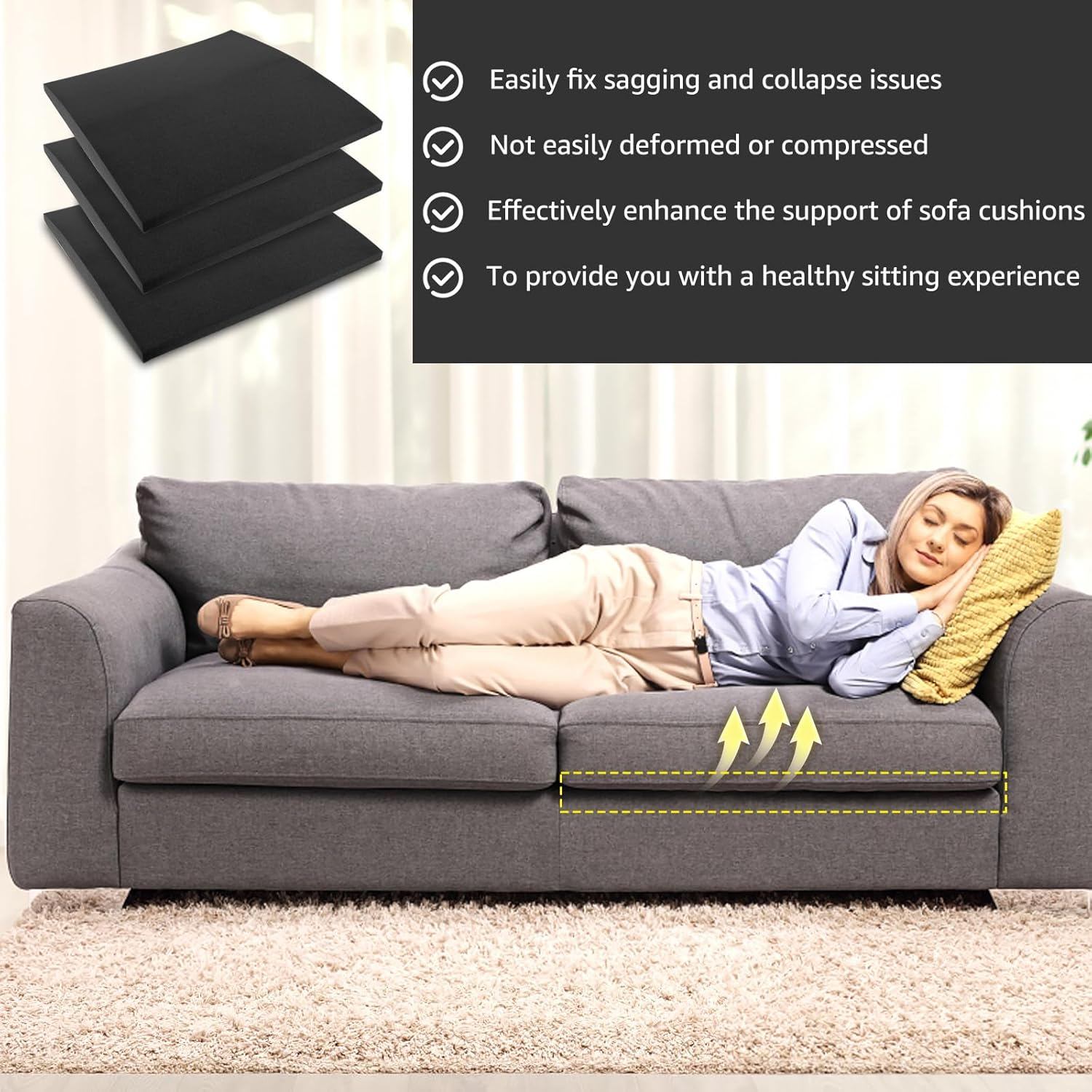 Couch Sofa Cushion Support for Sagging Seat, 3 Pack Couch Cushion Support Set Versatile Chair ​Sagging Pad Comfortable Seat under Firm Flexible Repair Pad (Black)