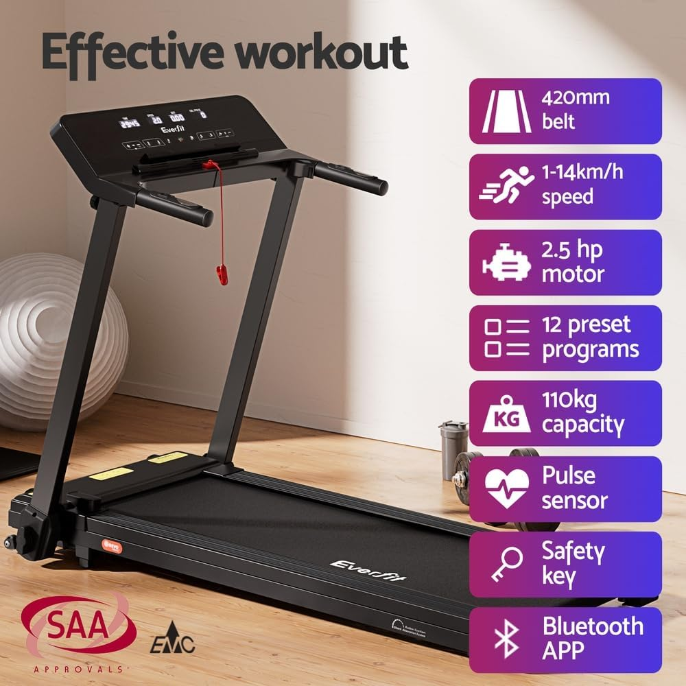 Everfit Treadmill Electric Treadmills with 420Mm Running Belt, Folding Walking Pad Foldable Machine Exercise & Fitness Equipment, with up to 14Km/H Speed for Home Gym Workout Black