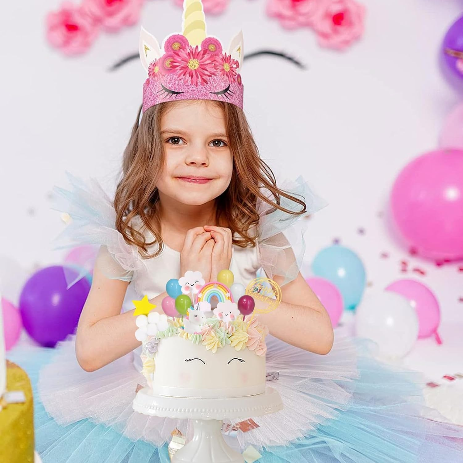 Unicorn Cake Topper Rainbow Cake Decoration with Balls Party Supplies for Happy Birthday, Baby Shower, Wedding, Cake Decoration for Girls Boys Women image number 1