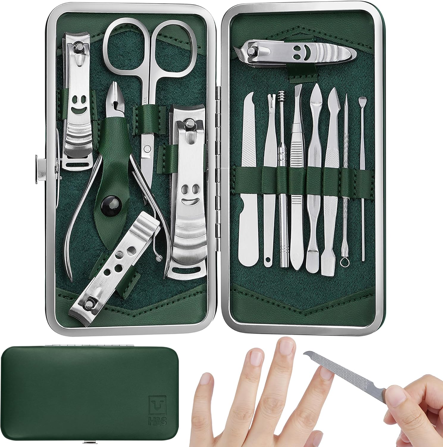 H&S Manicure Set for Women & Men - Manicure & Pedicure Tools & Accessories - 14 Pcs - Stainless Steel Nail Clippers Set & Cuticle Remover - Cutter Trimming Grooming Tools - W/Leather Case - Nail Kit