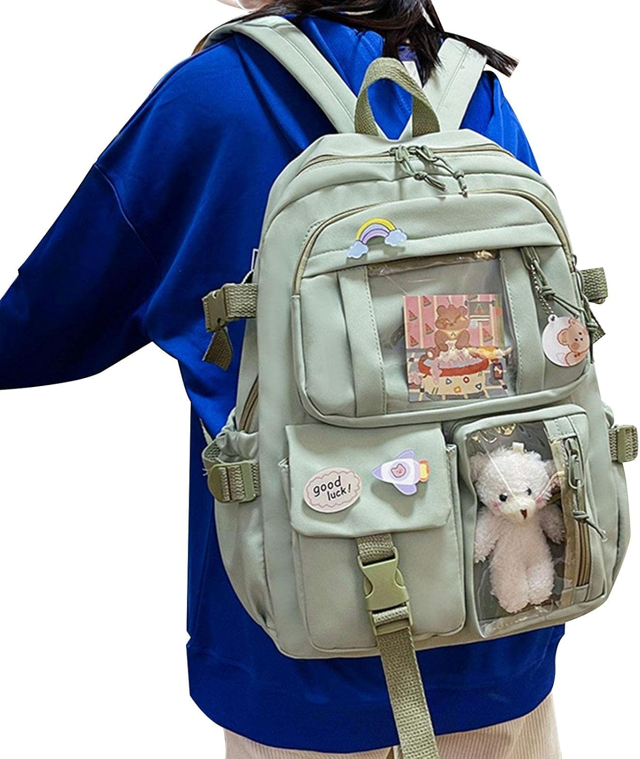 Backpack with Cute Pin & Plush Bear Accessories, Cute School Backpack Pastel Aesthetic Backpack for Girls - Beige image number 2