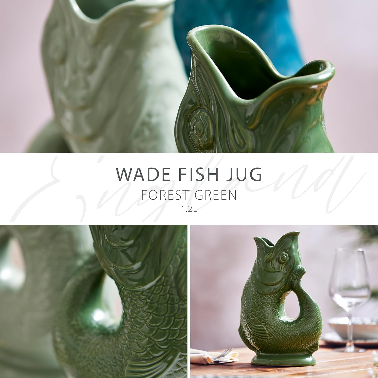 Wade WA967803GRN Fish Jug, Earthenware, Iconic UK Heritage, Made in Stoke-On-Trent, 1.2L, Forest Green image number 1