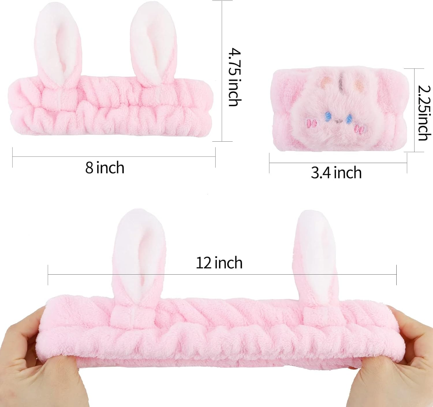 Wrist Wash Band with Hairband, Pack of 3 Bunny Ears Headband Make Up, Face Wash Headband, Pink, Headband Cosmetic Rabbit Ears for Spa, Yoga, Beauty image number 5