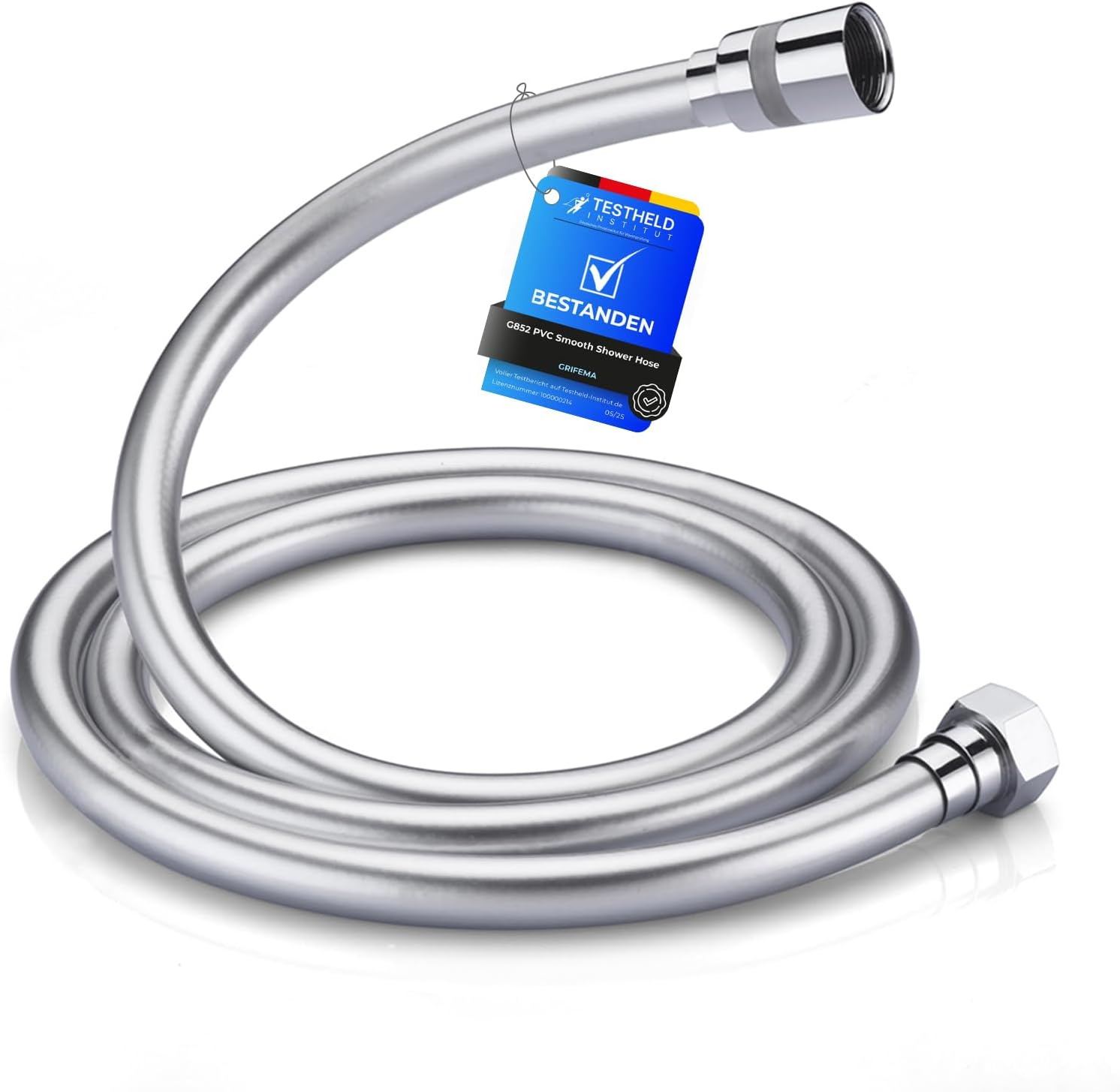 GRIFEMA COMPLENTOS-G852 Shower Hose, Corrosion Protection and Twist-Proof with Anti-Kink Protection in PVC Look (150 Cm) Extremely Flexible Shower Hose, Silver