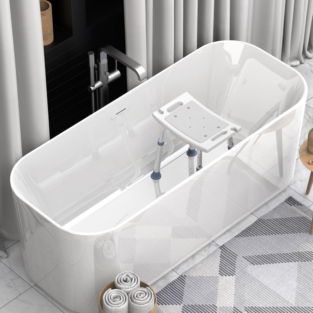 Home Office Shower Chair with Arms Medical Shower Chair Bathroom Transfer Tub Stool for Elderly with Adjustable Seat Anti-Slip Rubber Tips 6 Different Heights Levels Capacity 130Kg White