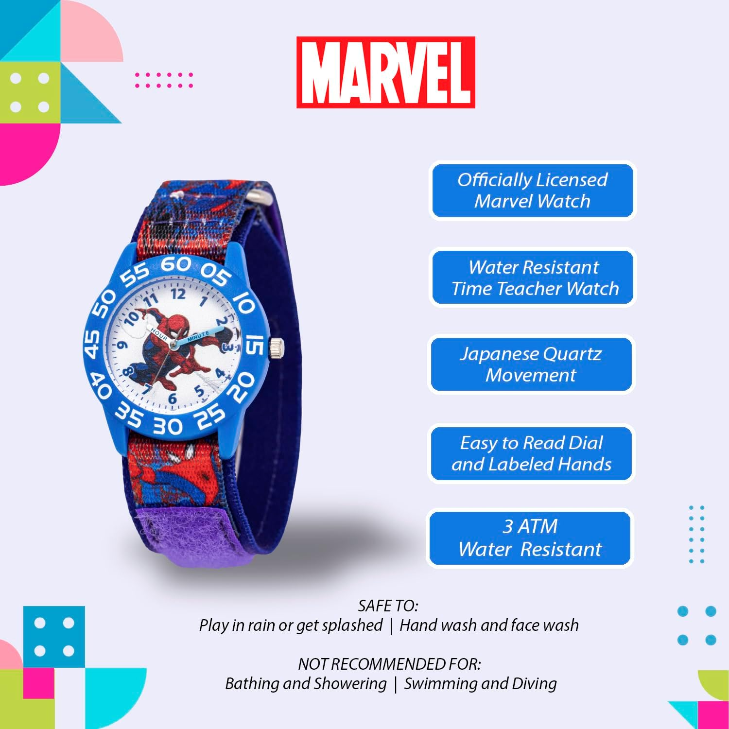 MARVEL Spider-Man Kids' Plastic Time Teacher Analog Quartz Nylon Strap Watch, Blue/Multi, Analog Spider-Man Watch image number 6