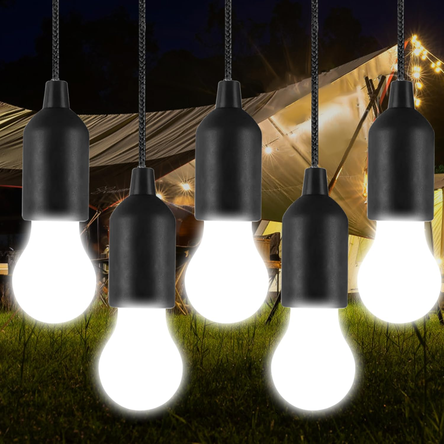 Pocketman LED Pull Cord Light Bulb, 5 Packs Portable Battery Operated Camping Tent Lamp, Waterproof Hanging Night Lamp Lights, for Backyard, Garden, Party, Camping image number 1