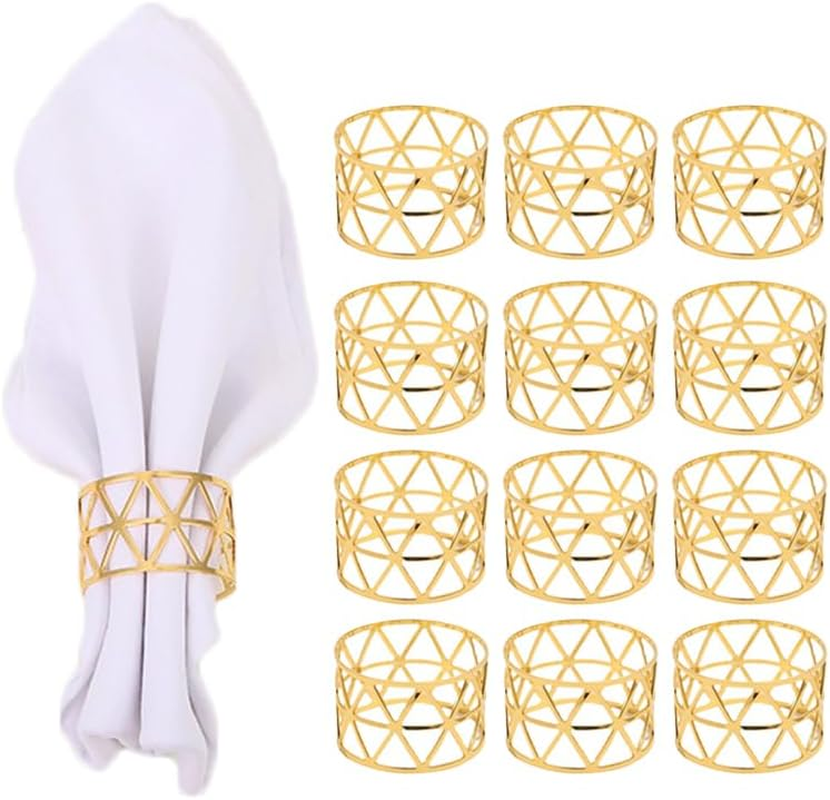Aoozleny 12PCS Napkin Rings, Metal Hollow Triangle Tableware Table Napkin Ring Napkin Holders for Dining, Anniversary, Christmas, Halloween, Thanksgiving Party of Hotel Banquet Table Setting (Gold)