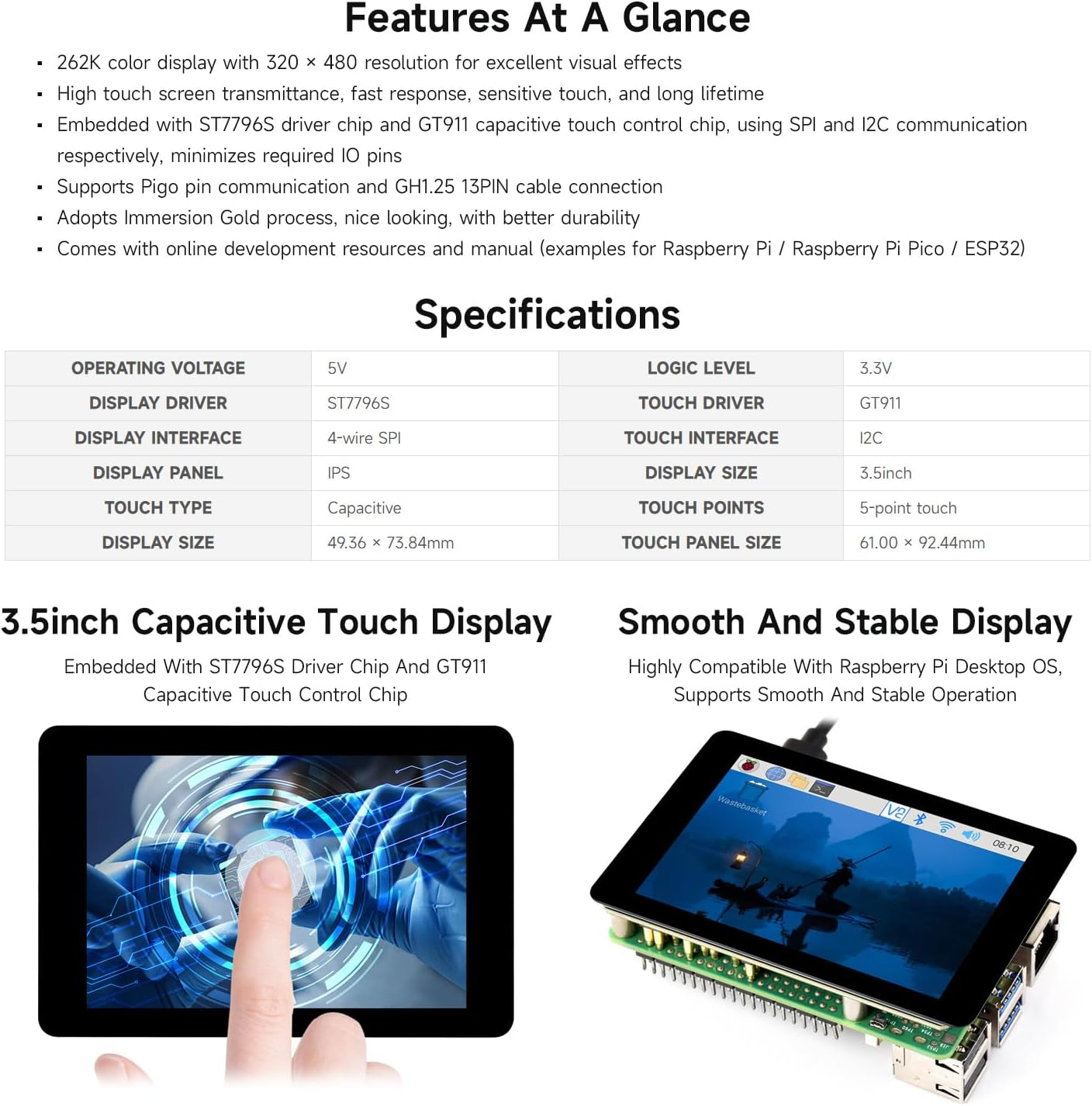 Waveshare 3.5Inch Capacitive Touch Display, Compatible with Raspberry Pi 5/4B/3B, Pi Pico, IPS Panel, 320&times;480, 5-Point Touch, Immersion Gold Process, Toughened Glass Panel image number 6