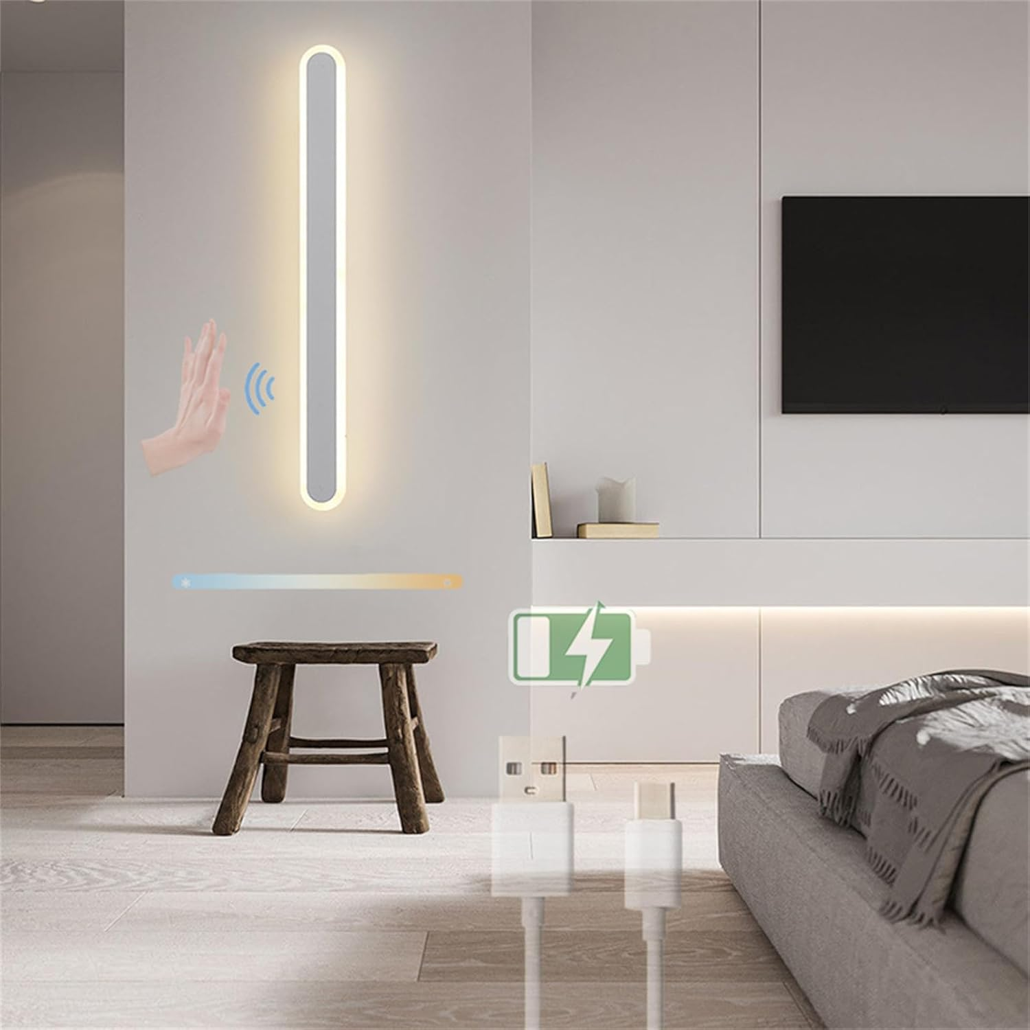 LED Wall Lamp Indoor with Hand Sweep Motion Sensor Wall Sconces Dimmable Tricolor 2700K-6500K Wall Light USB Rechargeable Battery Powered Wall Lighting Modern Iron Acrylic for Bedroom (White,40Cm)