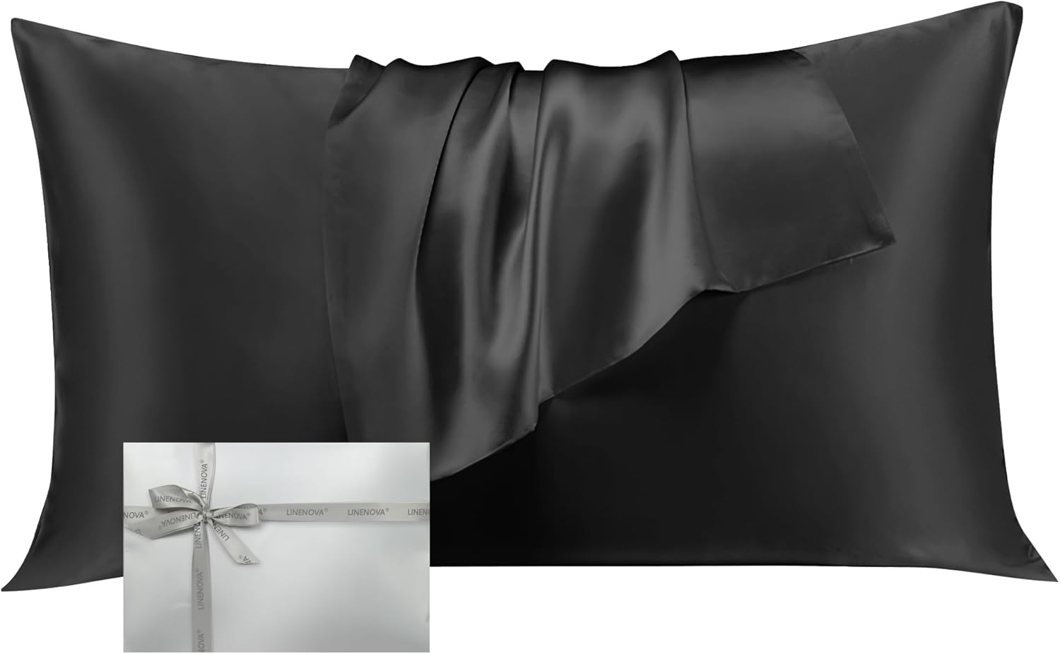 LINENOVA 100% Mulberry Silk Pillowcase for Hair and Skin, Both Sides 22 Momme Silk Queen Pillow Cover, Smooth Breathable Black Pillow Case with Hidden Zipper, Gifts for Women 1 Pack(50 * 75Cm) image number 2