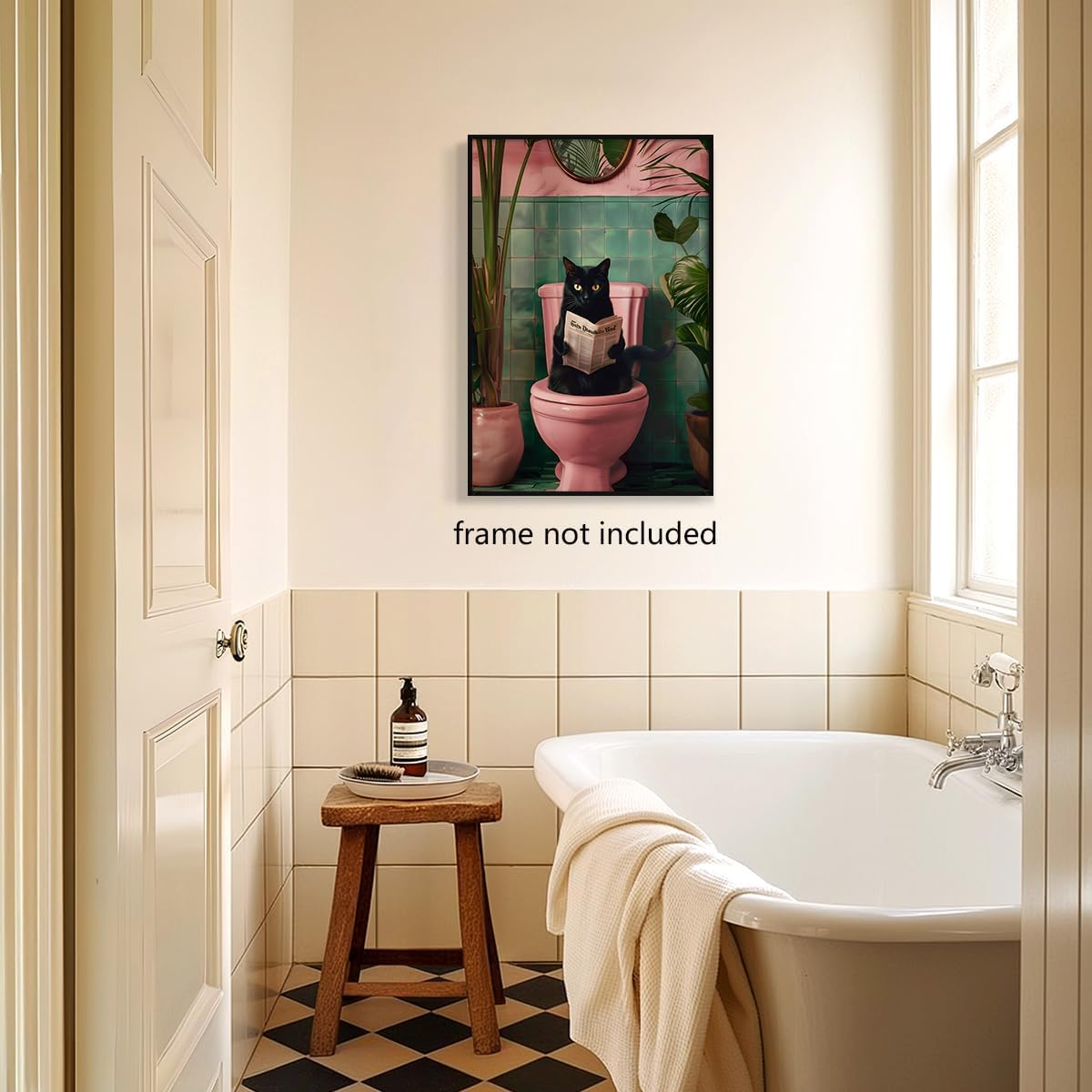 Funky Pink Canvas Wall Art - Black Cat Reading Newspaper on Toilet Poster, Funny Cat Pooping, Green Botanical Plant Animal Bathroom Print, 16X24In Unframed image number 5