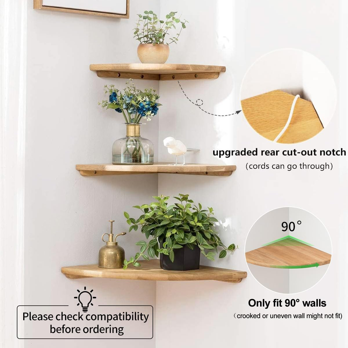 GIEANOO Corner Shelf, 10Inch Solid Oak Wood Floating Corner Shelf Wall Mount round End Floating Speaker Shelf with Wire Hole Shelf for Small Plant Photo Frame for Bedroom Kitchen, Living Room image number 4