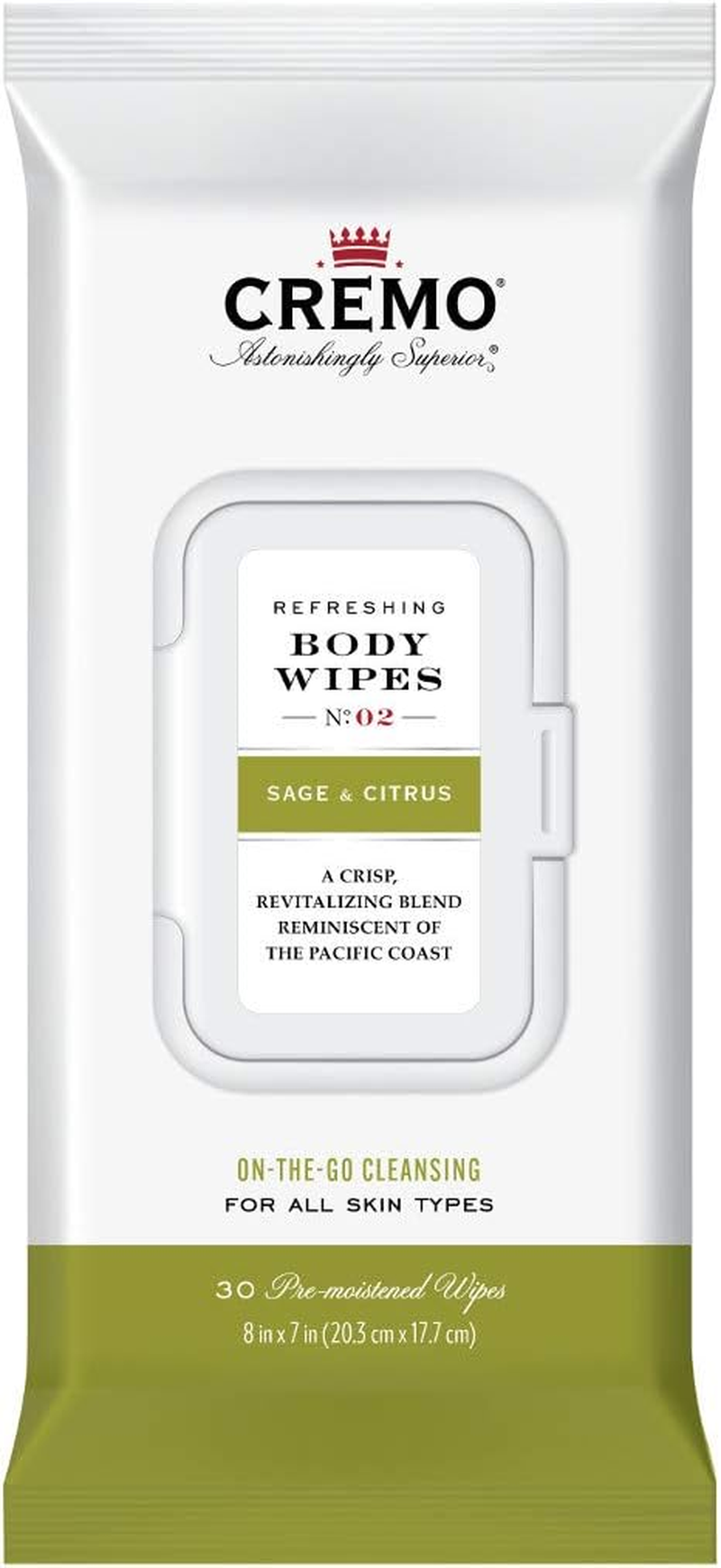 Cremo Refreshing Sage & Citrus Body Wipes, a Revitalizing Combination of Bright Mandarin, Dry Herbs and White Cedar, 60 Count image number 1