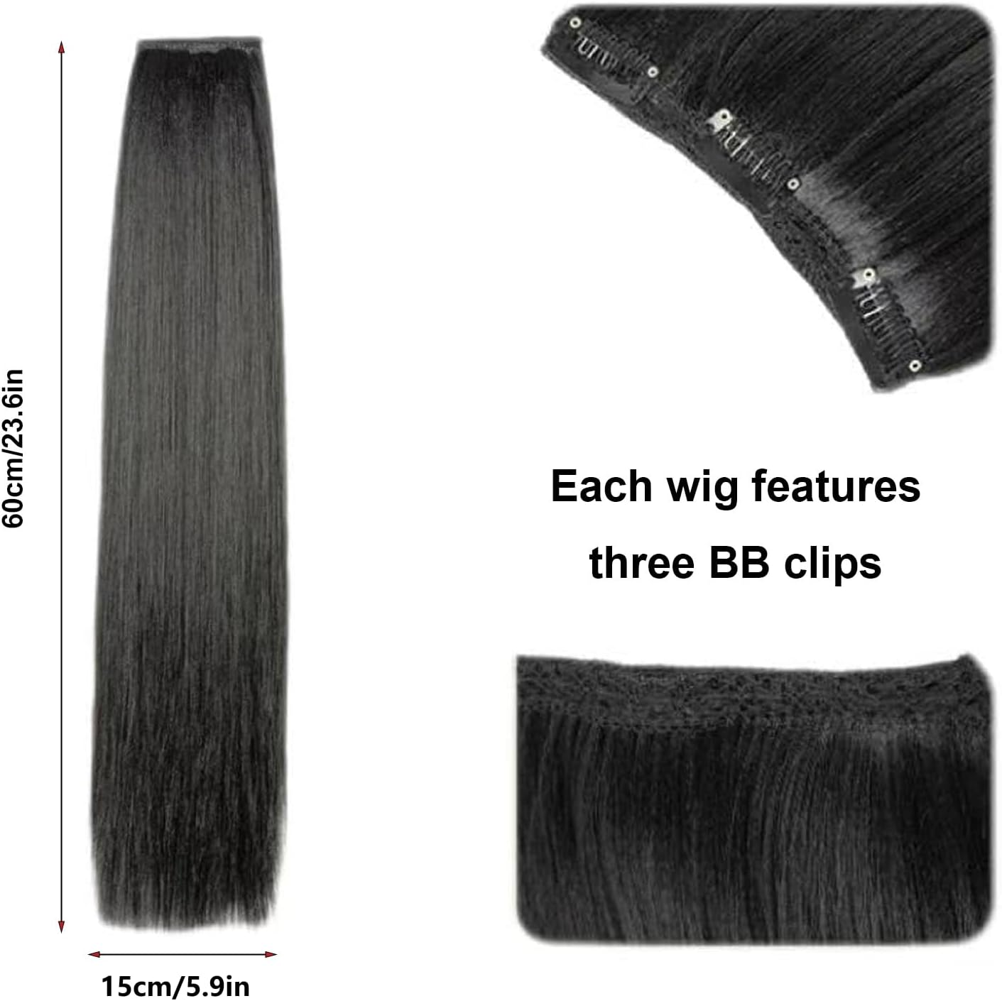 Clip in Hair Extensions & Seamless Invisible Hair Pieces, 60Cm Length 15Cm Width Synthetic Hair Extensions for Women - 4 Pieces, Black image number 3