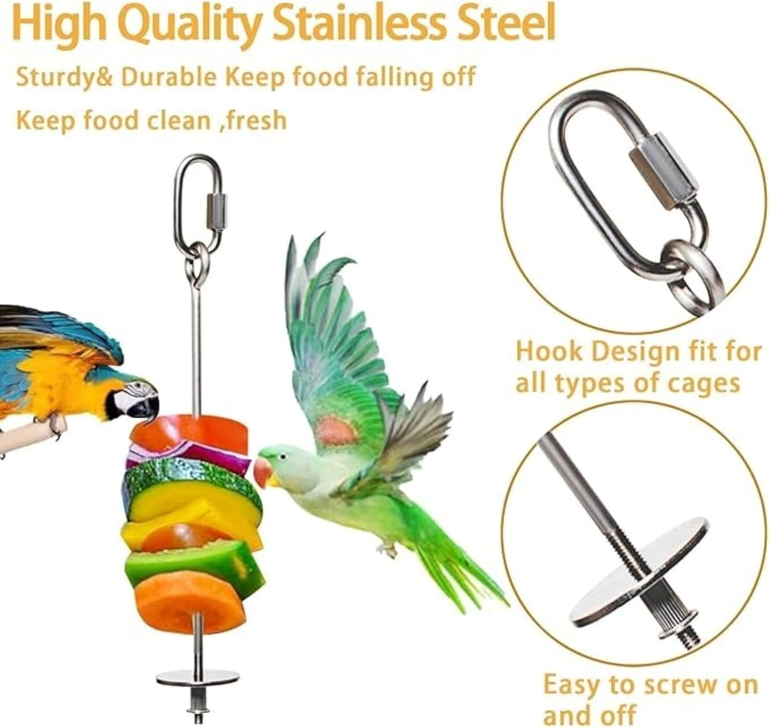 Kalione 2 Pcs Hanging Bird Treat Skewer and Bird Fruit Skewer Stainless Steel Holder for Birds Cage Accessories, Parakeet Treats Holder,Treat Skewers,Birds Fruit Feeder and Foraging Toys image number 4