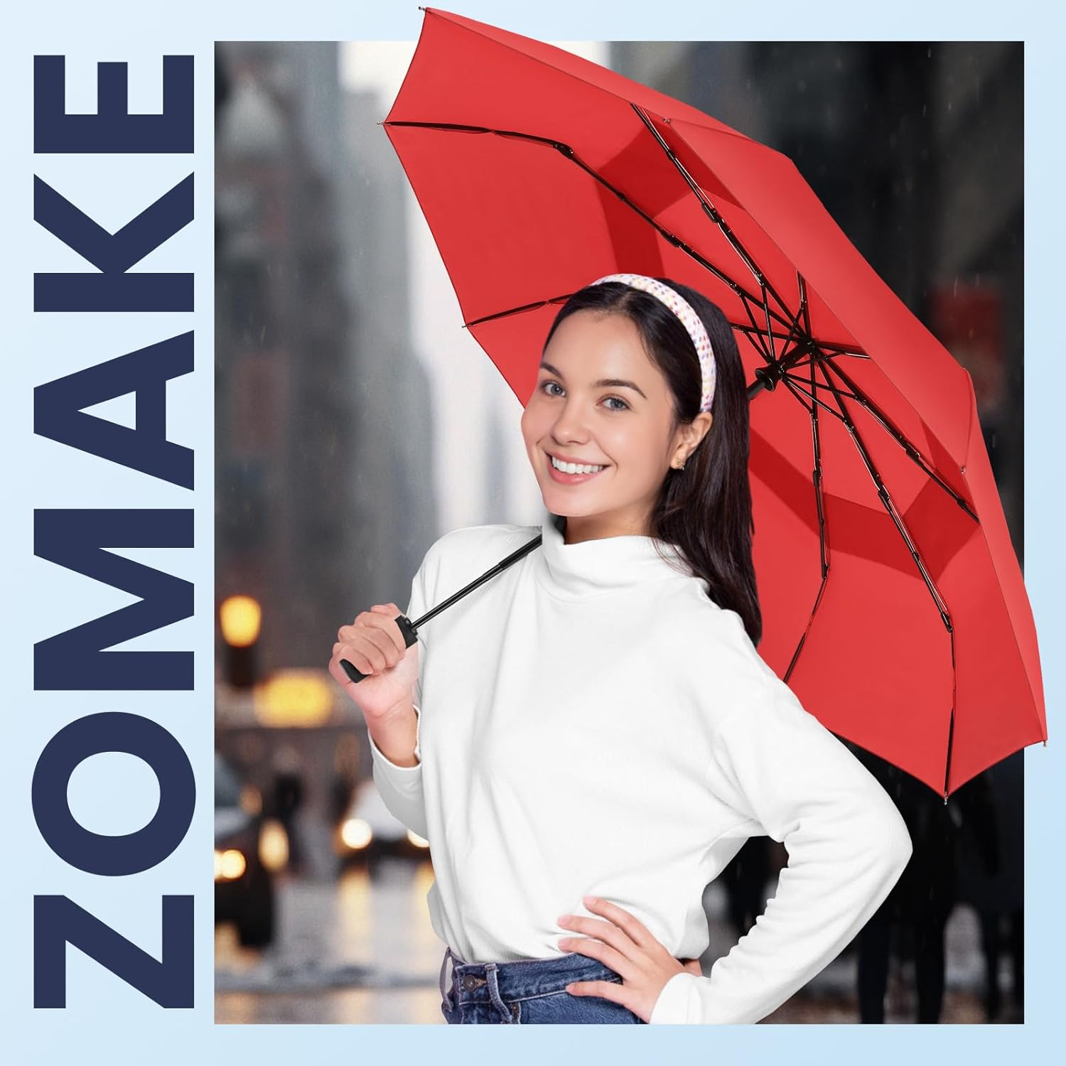 ZOMAKE Compact Travel Umbrella Windproof Double Canopy - Lightweight Automatic Open and Close Folding Umbrella with 9 Ribs - Red image number 4