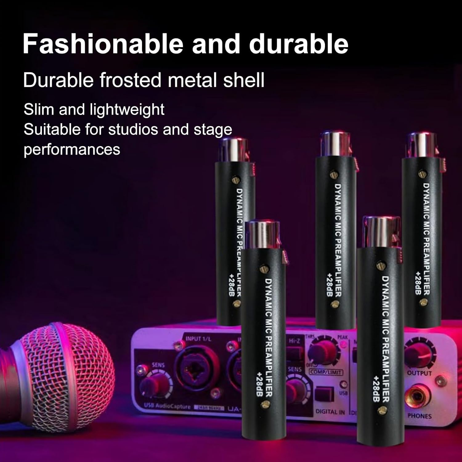 In-Line Microphone Preamp, DM1 Dynamic Active Inlne Microphone Preamplifier, 28DB High Gain Mic Booster, Portable Lossless Mic Preamp for Studio, Streaming, Stage Performance image number 1