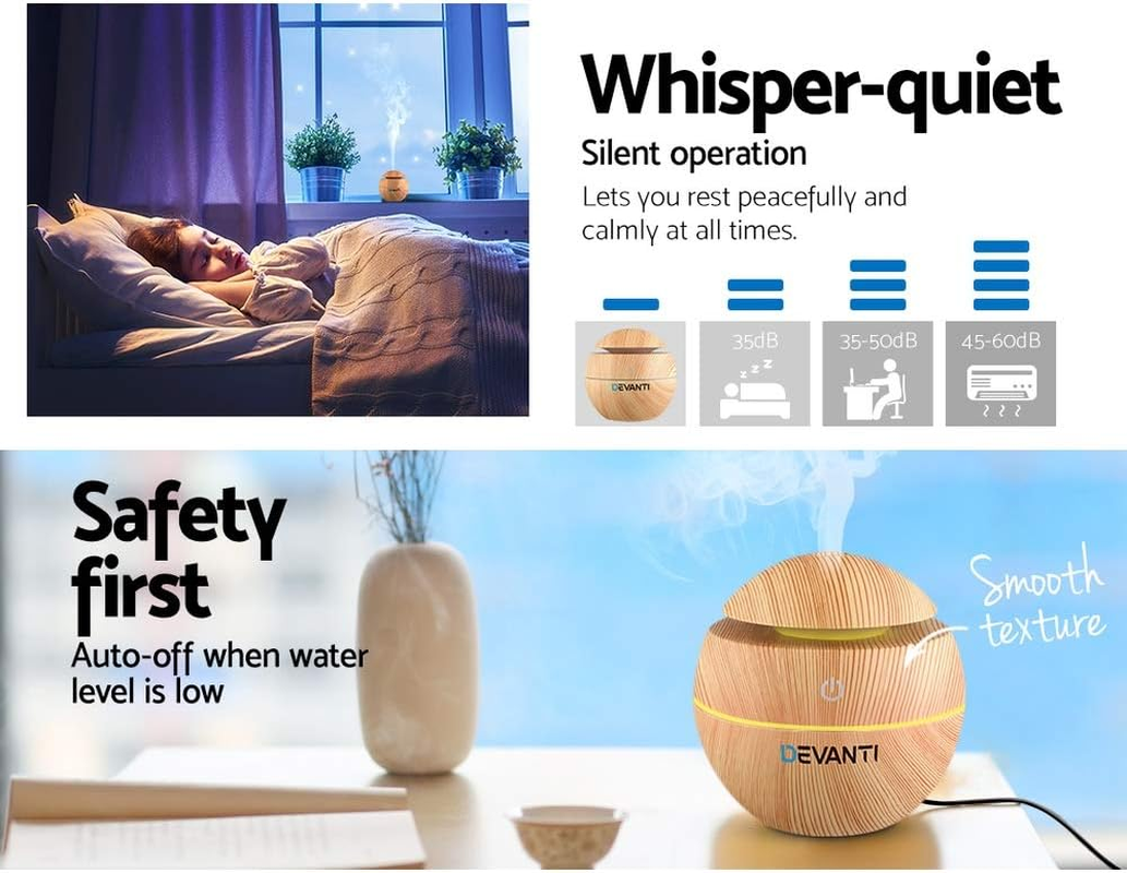 Devanti Aroma Diffuser, 130Ml Wood Grain Air Humidifier Purifier Essential Oils Car Freshener Vaporizer Aromatherapy Diffusers Scent Booster Home Office Bedroom Humidifiers Steam, 7 Led Light image number 2