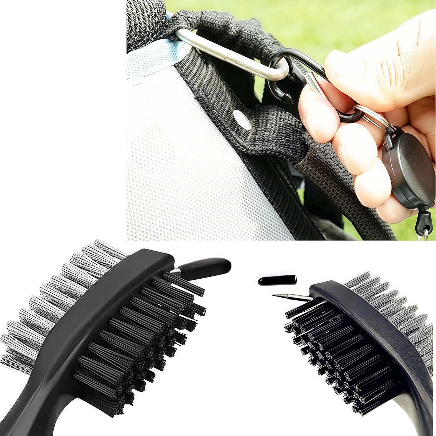 2 Pcs Golfclub Ball Grooves Cleaning Brush,Wizefolk Nylon Steel Wire Dual Sided Putter Cleaner Exercise Golf Accessories,With Retractable Zip-Line and Aluminum Carabiner Cleaning Tools image number 2