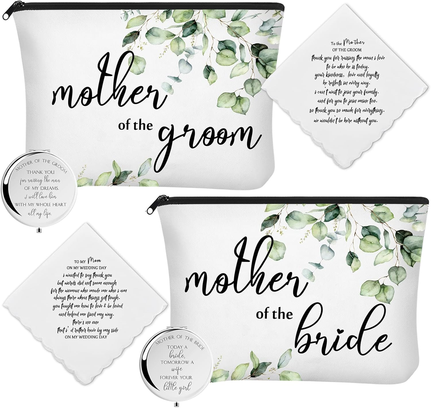 6 Pack Mother of the Bride Gifts Mother of the Groom Gifts Set Includes 2 Leaves Cosmetic Bag 2 Makeup Mirror 2 Mom Handkerchief for Mothers in Law at Wedding Engagement Anniversary Wedding Day Gift image number 3
