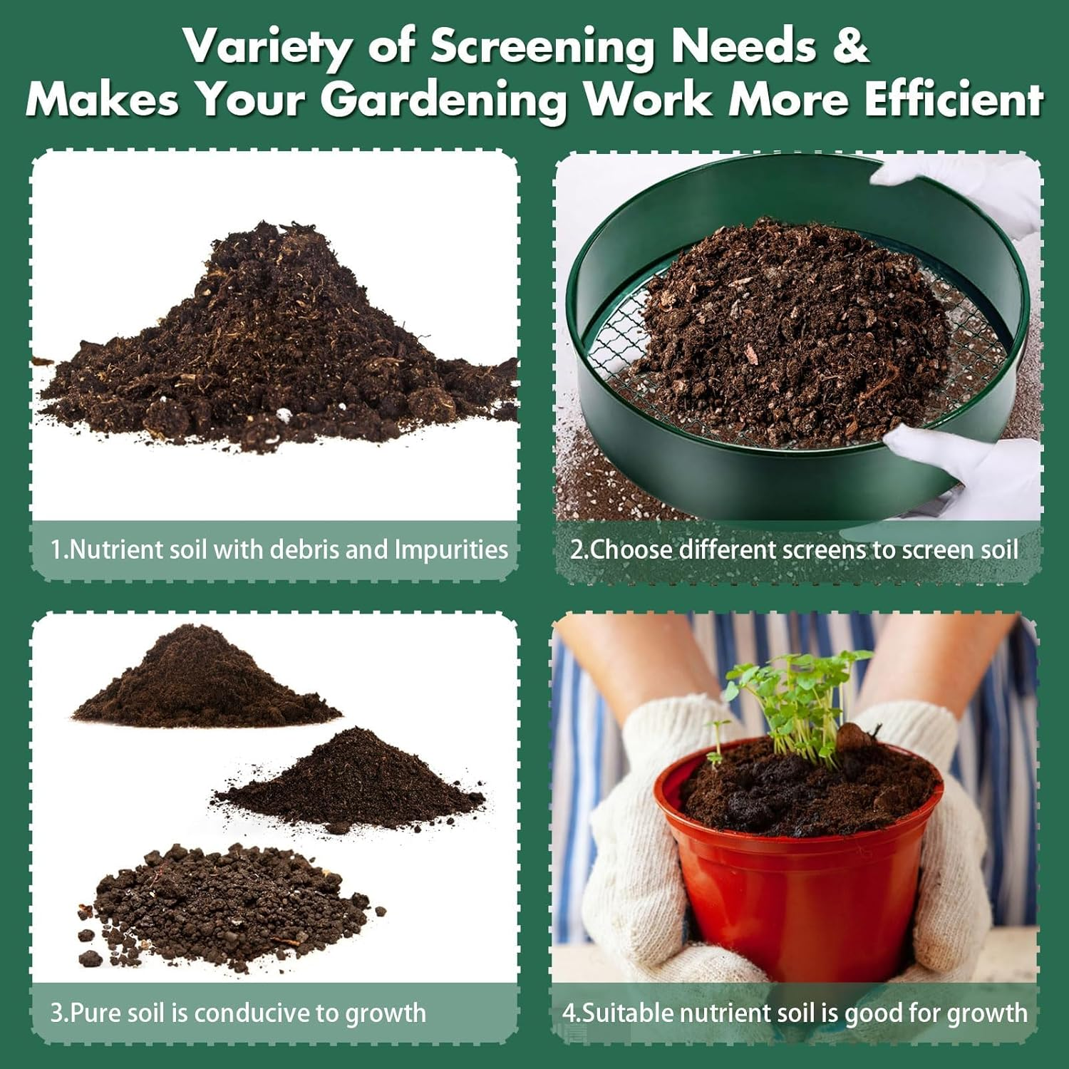 Soil Sifter, 30 Cm Fine Mesh Stainless Steel Soil Sifter for Gardening, Compost Sifter with 4 Interchangeable Filter Mesh Sizes 3,6,9,12Mm and Shovel, Soil Sieve for Sand Rocks Dirt Compost image number 1