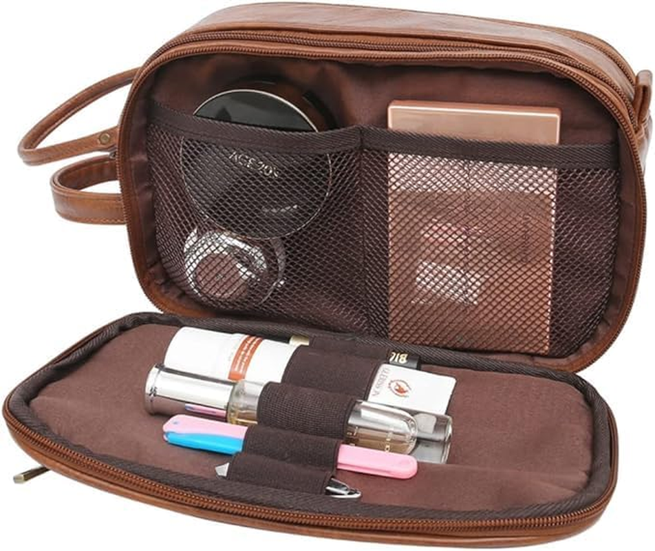 Water-Resistant Leather Toiletry Bag for Men, Large Travel Wash Bag Shaving Dopp Kit Bathroom Toiletries Makeup Organizer (Brown) image number 1