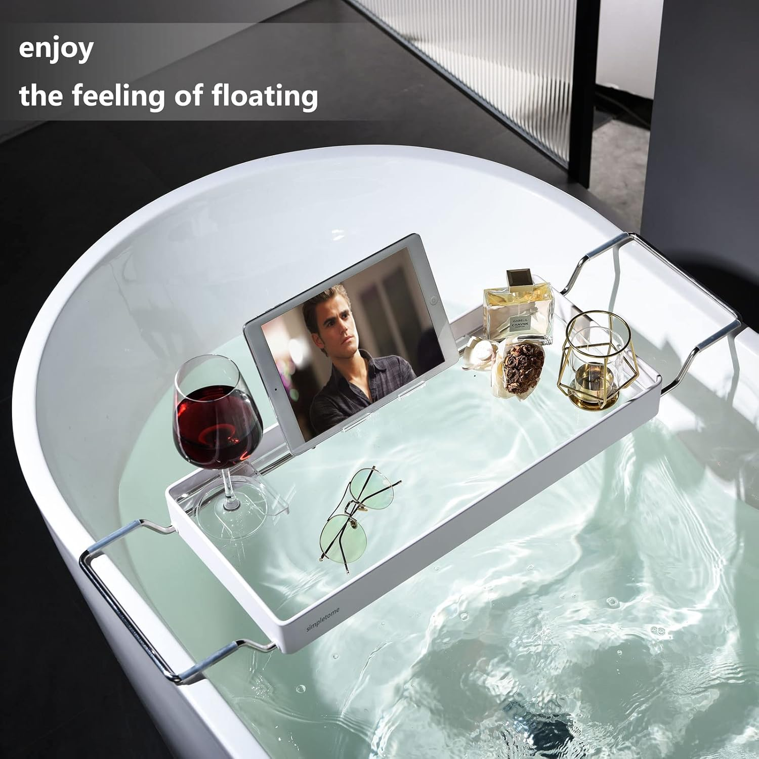 Simpletome Bathtub Tray Expandable, Floating Clear Acrylic with Aluminum Alloy, Anti-Slip (White)