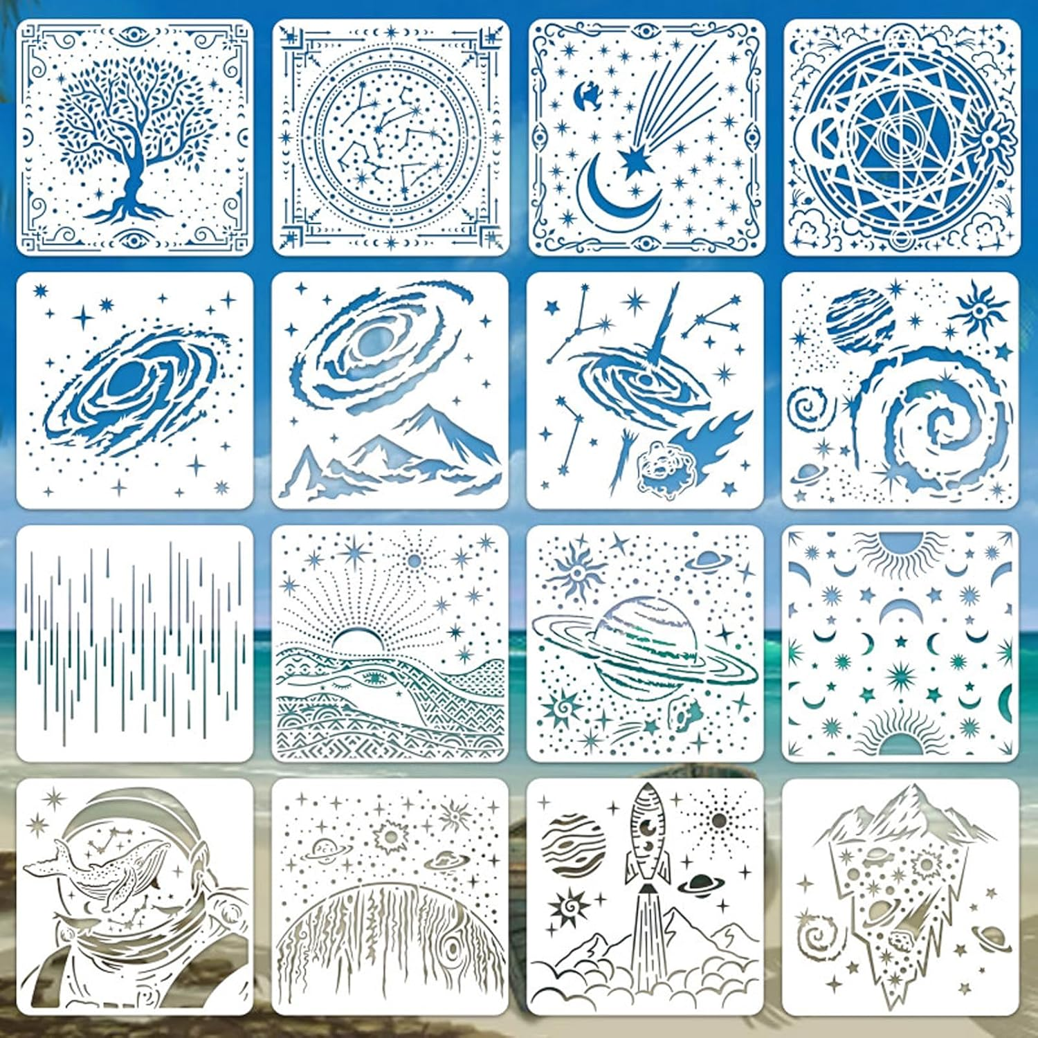 Meagtlva Reusable Stencil, Drawing Painting Stencils Set, Stencils and Templates for Floor Wall Tile Fabric Furniture Painting,Home Decor DIY Supplies (16Pcs-Space Galaxy)