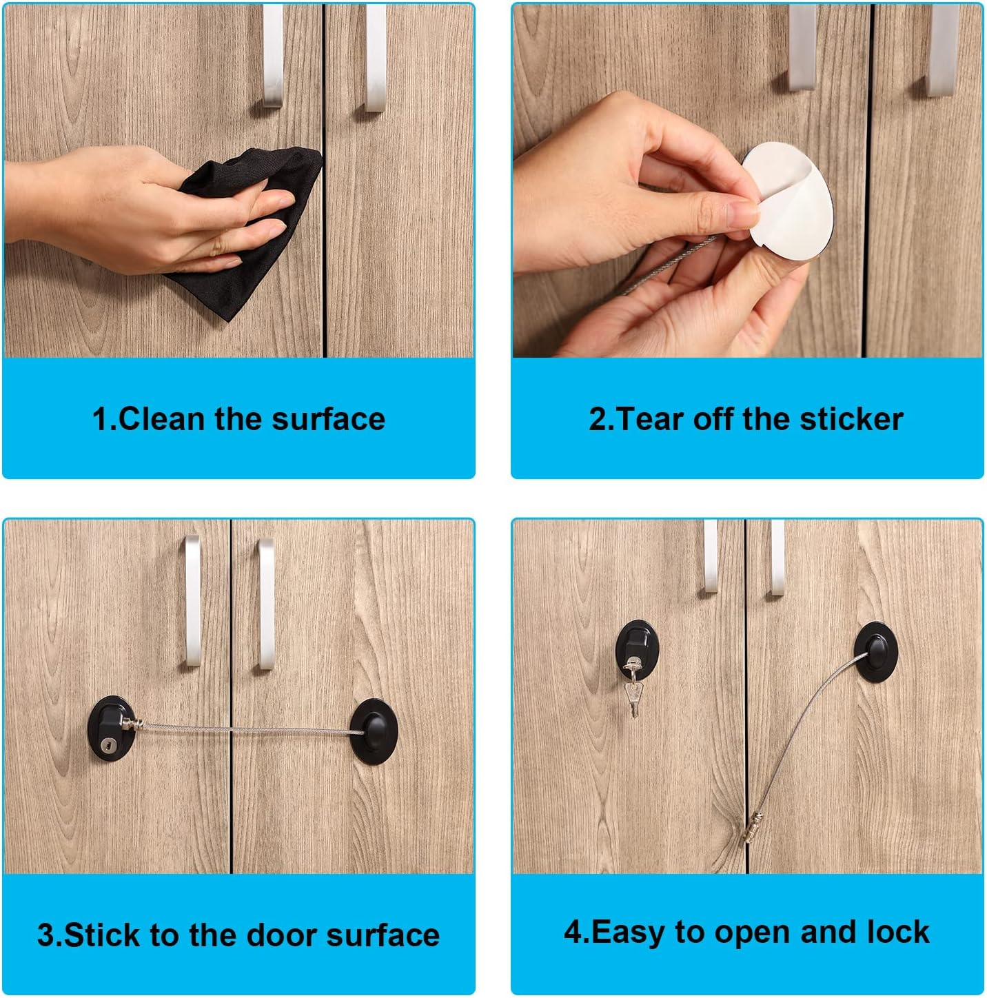 4 Pack Refrigerator Door Lock with Keys Adhesive Fridge Freezer Door Lock File Drawer Lock for Child Safety and Privacy, Black and White image number 5