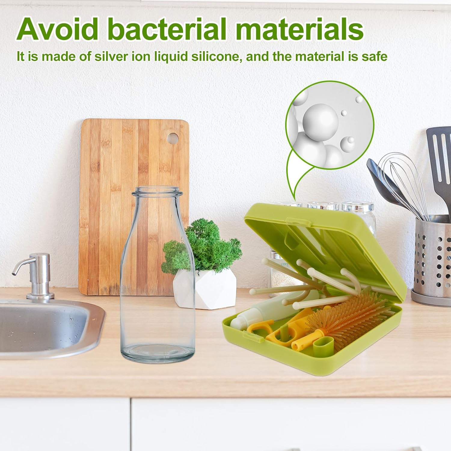 Baby Bottle Brush Kit - Stable Bottle Cleaning Kit Easy to Use Baby Bottle Cleaning Tool Portable Traveling Bottle Cleaner Kit Versatile Baby Bottle Cleaner Brush Set for Babies (Green) image number 3