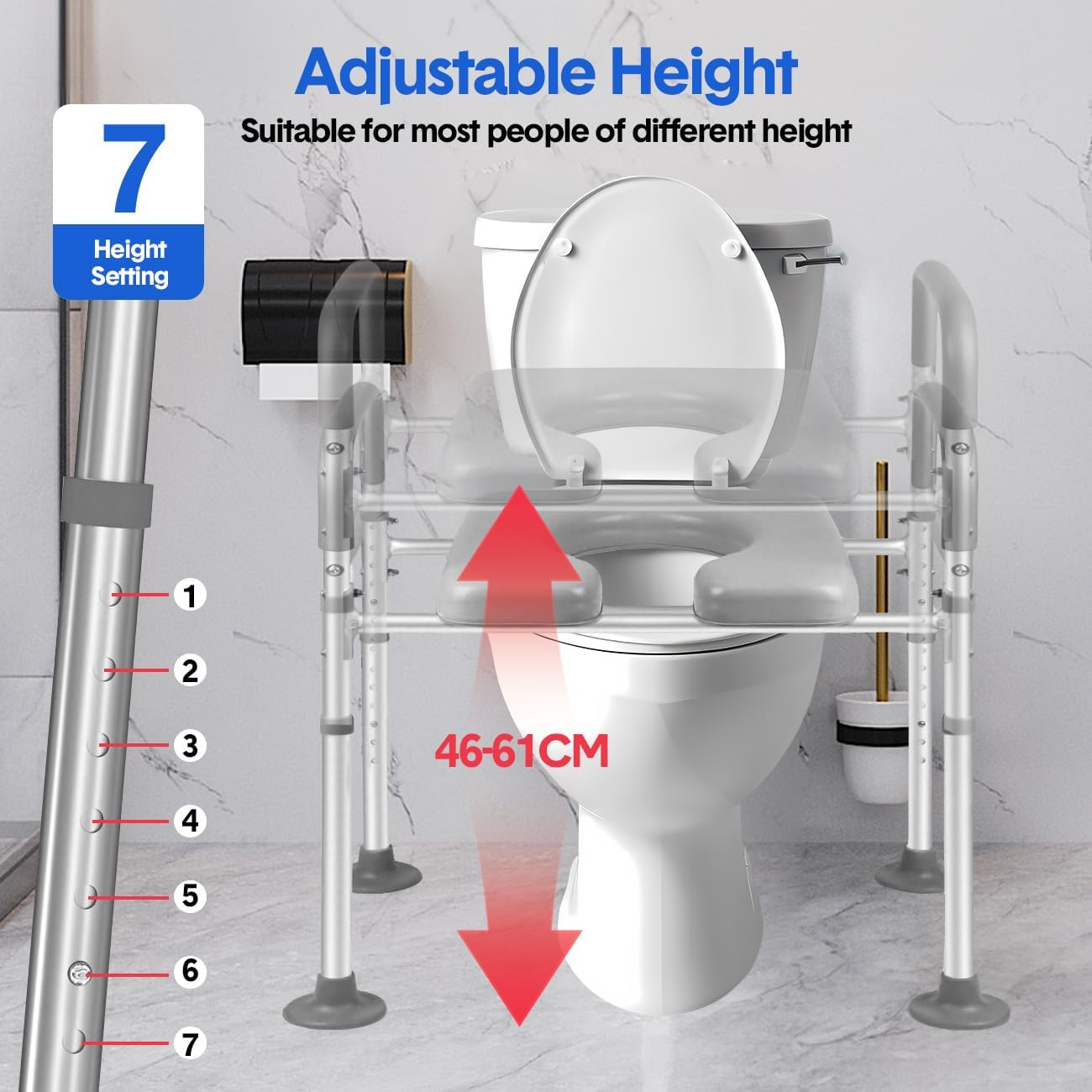 Raised Toilet Seat with Handles - Height Adjustable Elevated Toilet Seat Risers with Suction for Elderly, Seniors, Handicap, Pregnant image number 3