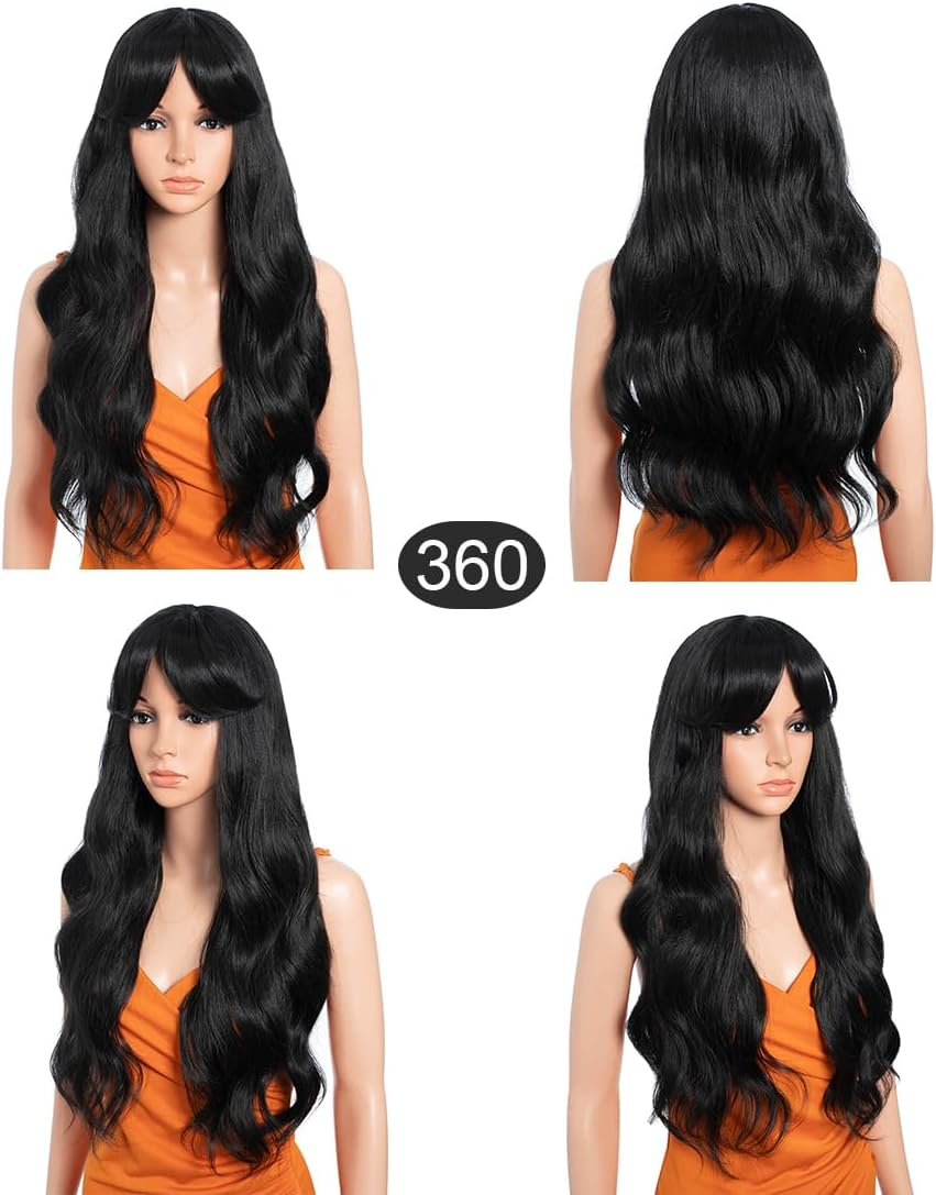 26 Inch Long Wavy Wigs for Women Black Wig with Bangs Ombre Brown Wig with Dark Roots Long Layered Heat Resistant Synthetic Natural Looking Wigs for Daily Party Use (1B) image number 5