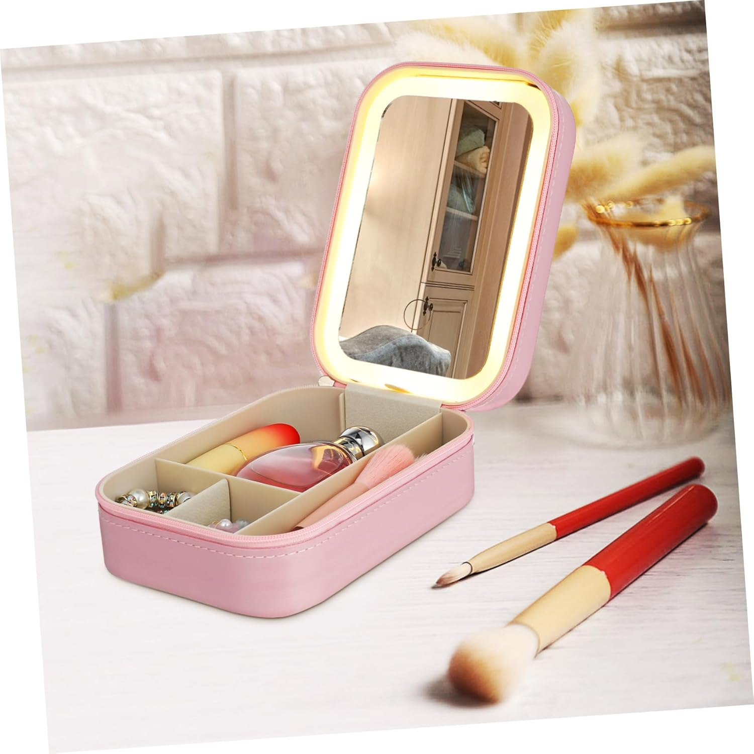 BATHVEVE Lighted Makeup Mirror Cosmetic Organizer Bag with Adjustable Brightness, Small Travel Vanity Case with Led Mirror for Women image number 2