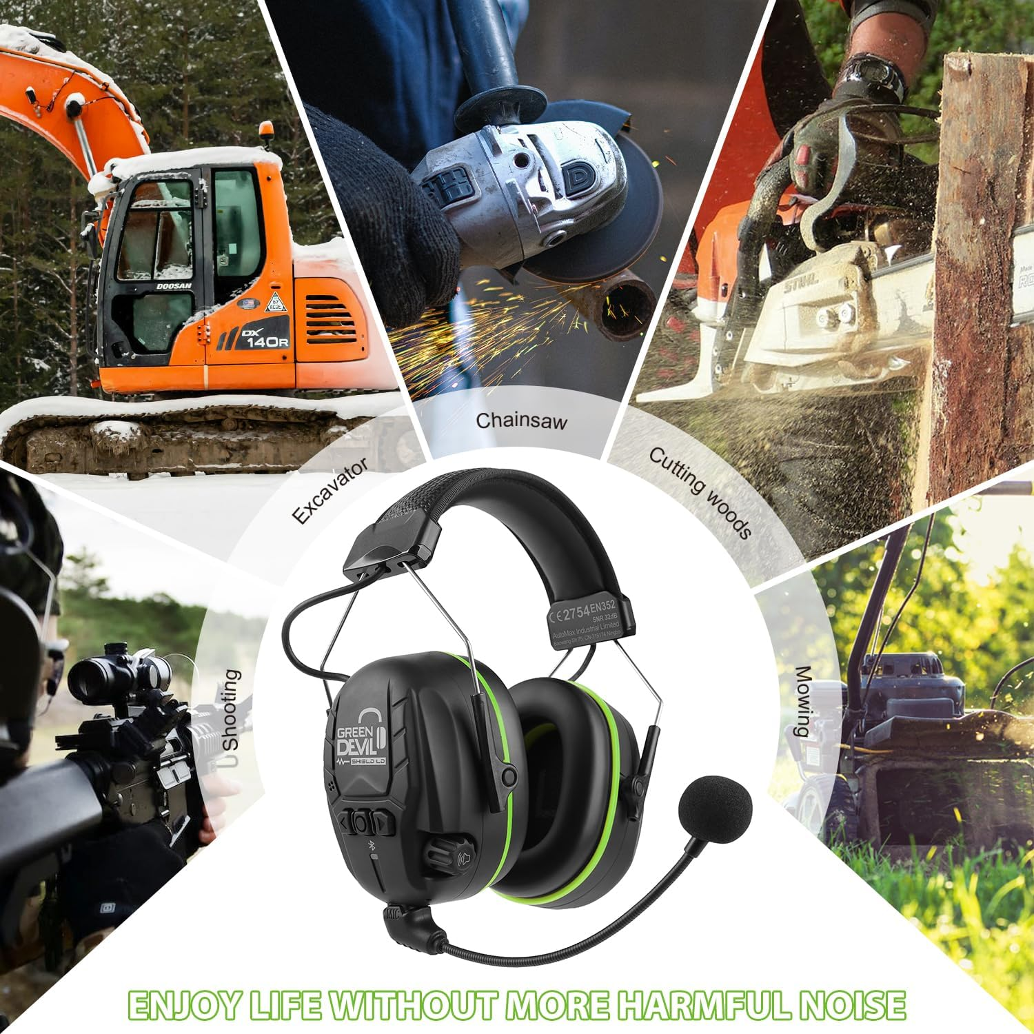 GREEN DEVIL Electronic Bluetooth Hearing Ear Protection Headphones with Boom Microphones 27Db Noise Cancelling Earmuffs - Orange image number 6