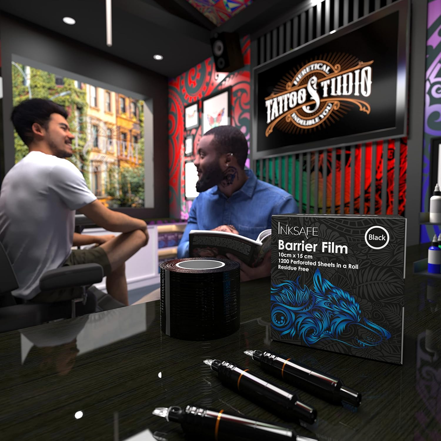 Inksafe Black Protective Adhesive Barrier Film Roll Dispenser, 10Cm X 15Cm, 1200 Sheets/Roll - Medical, Dental, Tattoo, Beauty image number 4